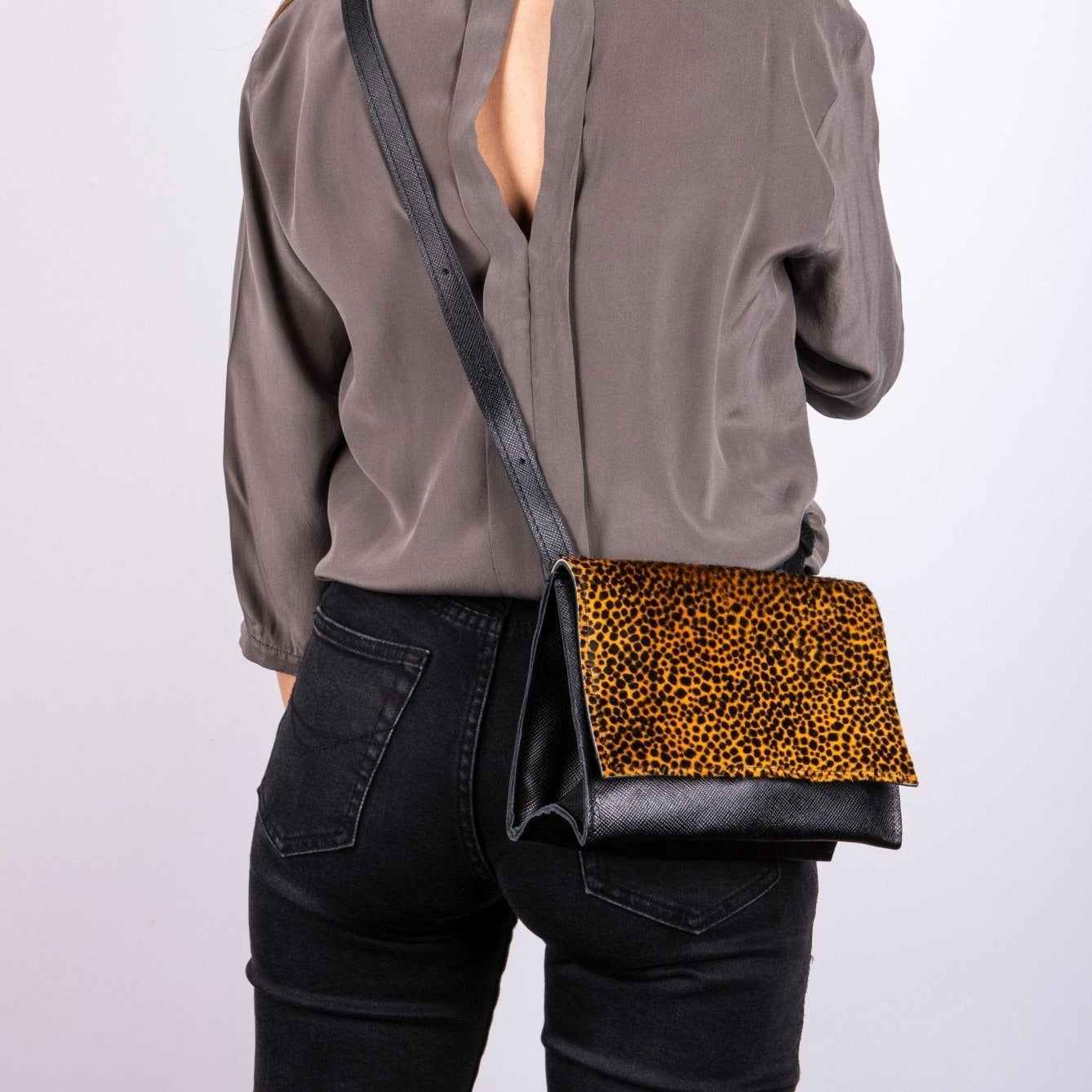 Anna saffiano/cavallino nero/giallo maculato - pochette a tracolla in pelle gialla - Marta Ray