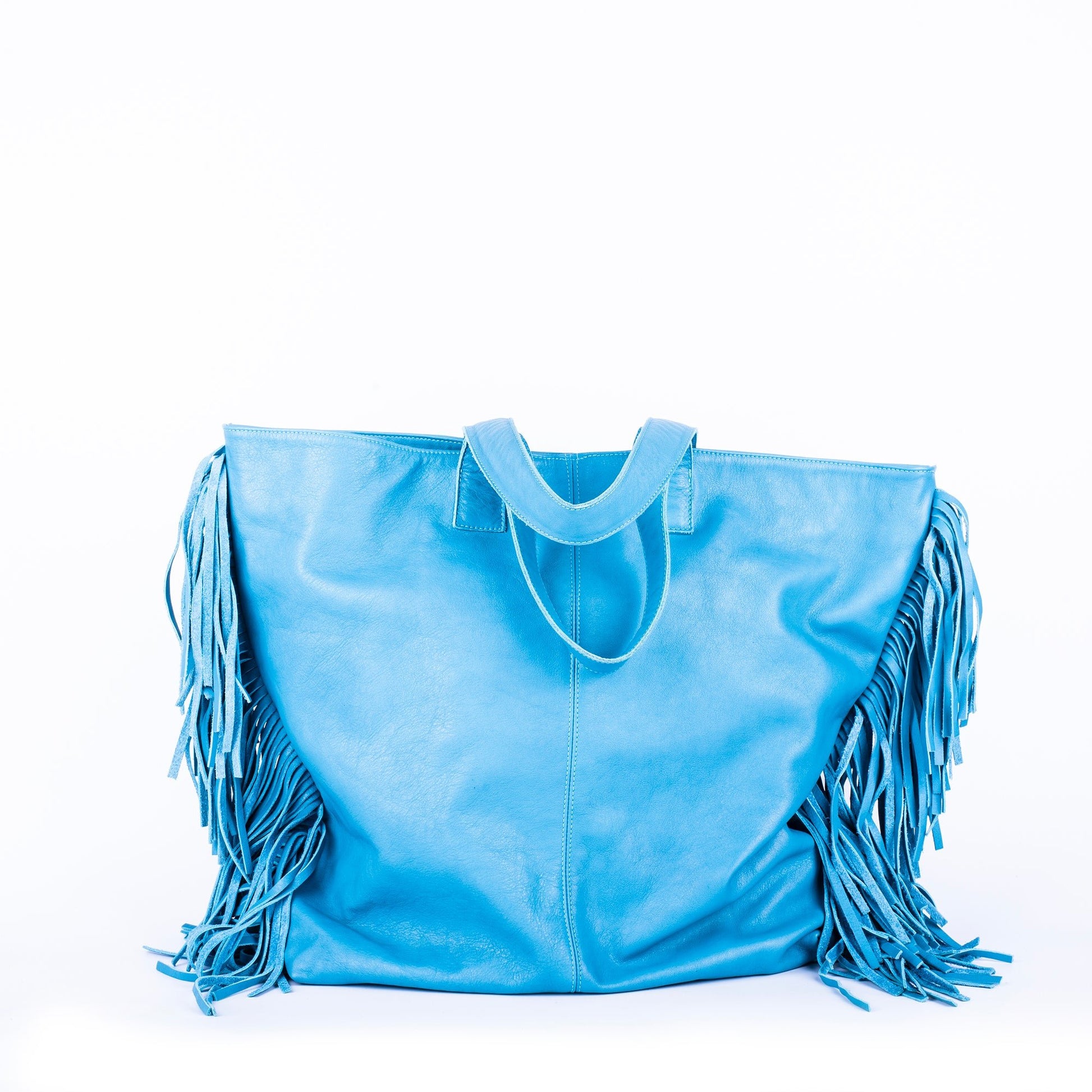 Amy mousse mare - borsa a spalla in pelle con frange celeste - Marta Ray