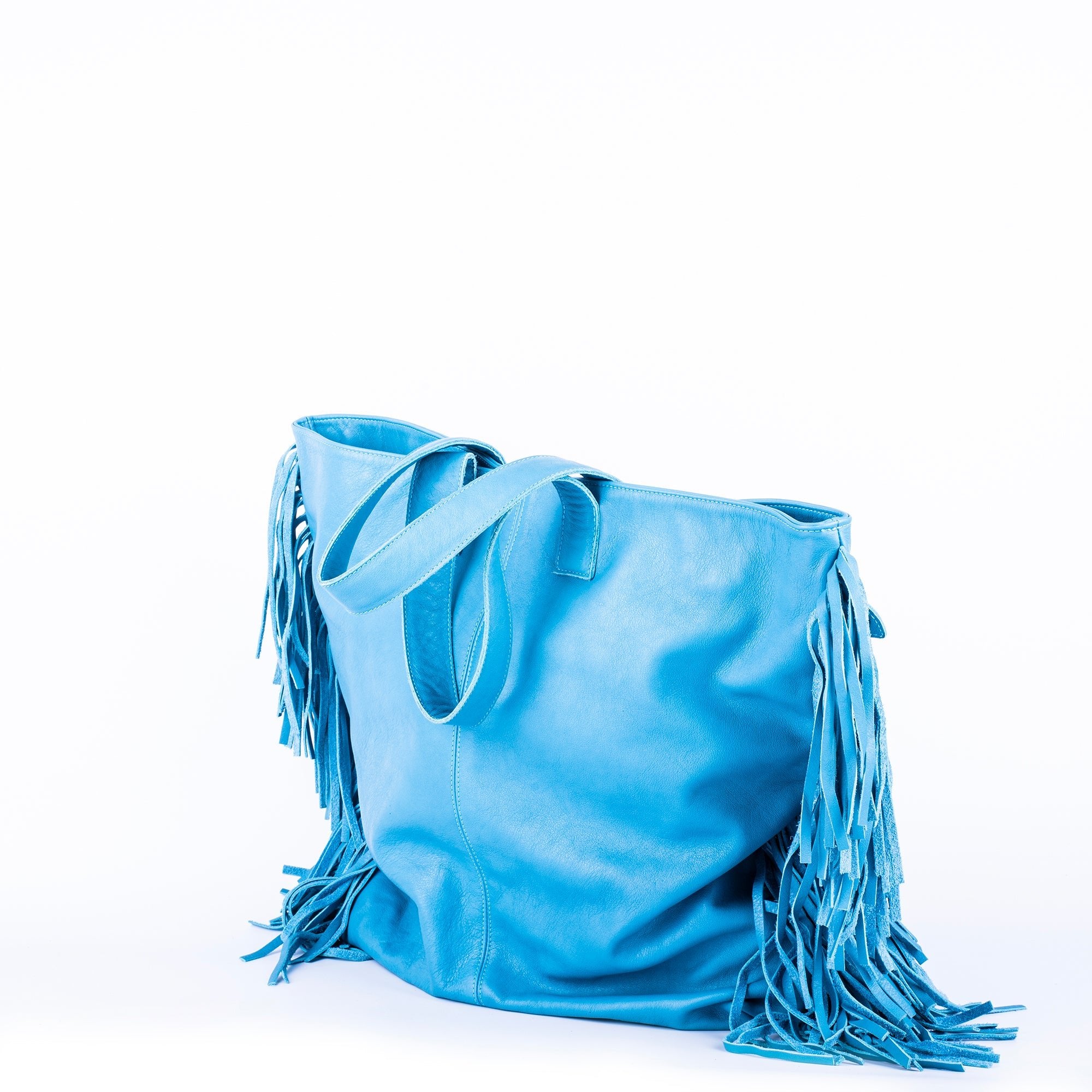 Amy mousse mare - borsa a spalla in pelle con frange celeste - Marta Ray