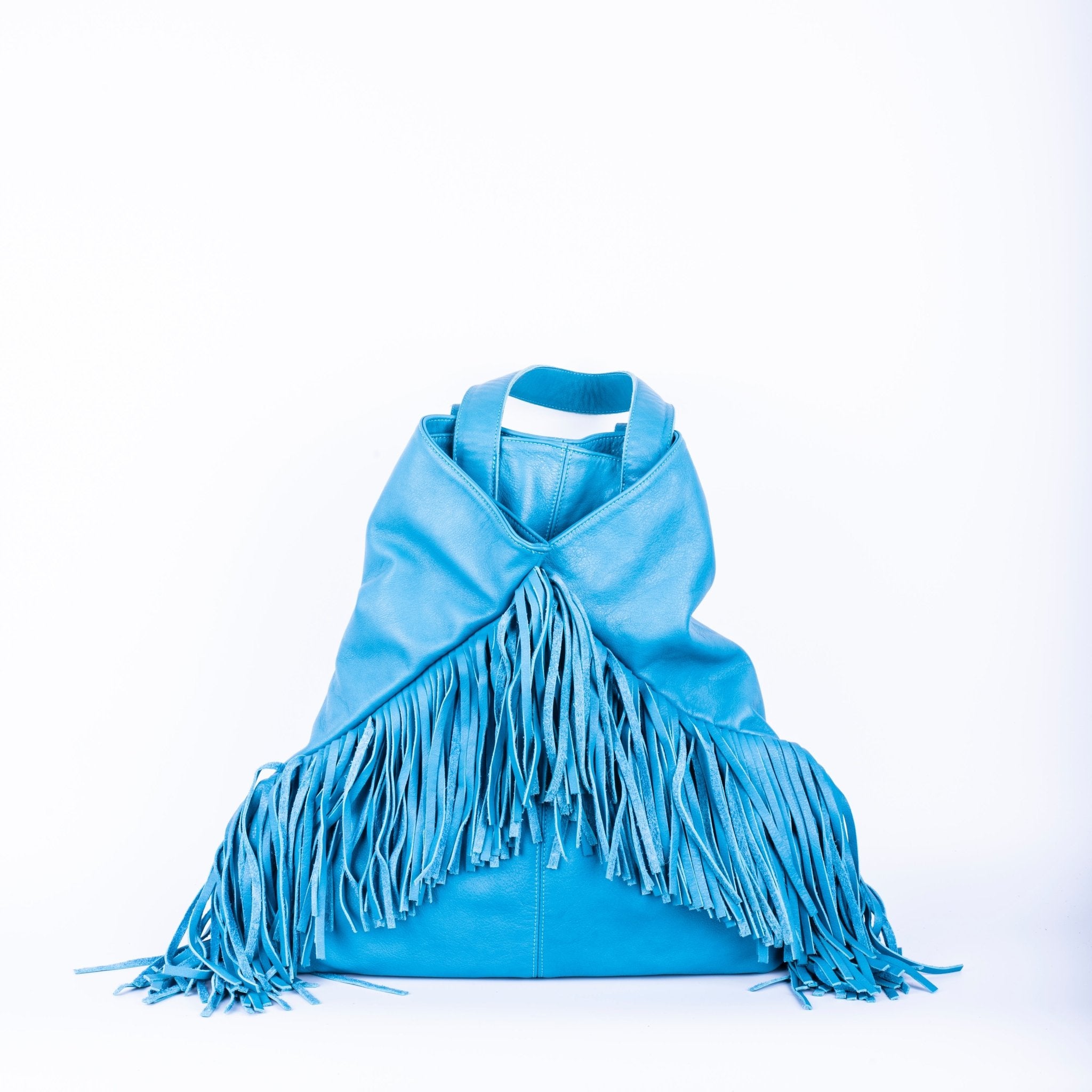 Amy mousse mare - borsa a spalla in pelle con frange celeste - Marta Ray