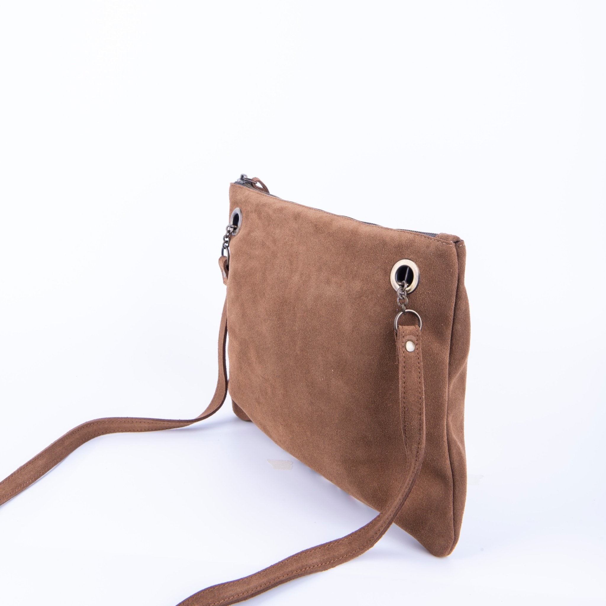 Ester camoscio+nastro boho cuoio - piattina a tracolla in pelle marrone - Marta Ray