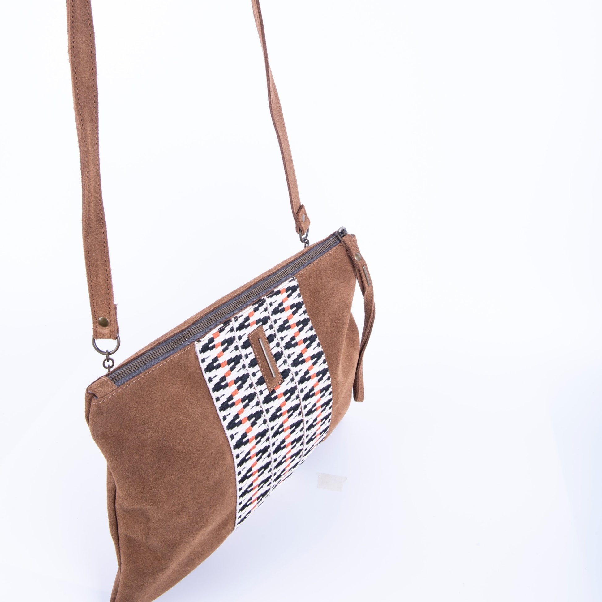 Ester camoscio+nastro boho cuoio - piattina a tracolla in pelle marrone - Marta Ray