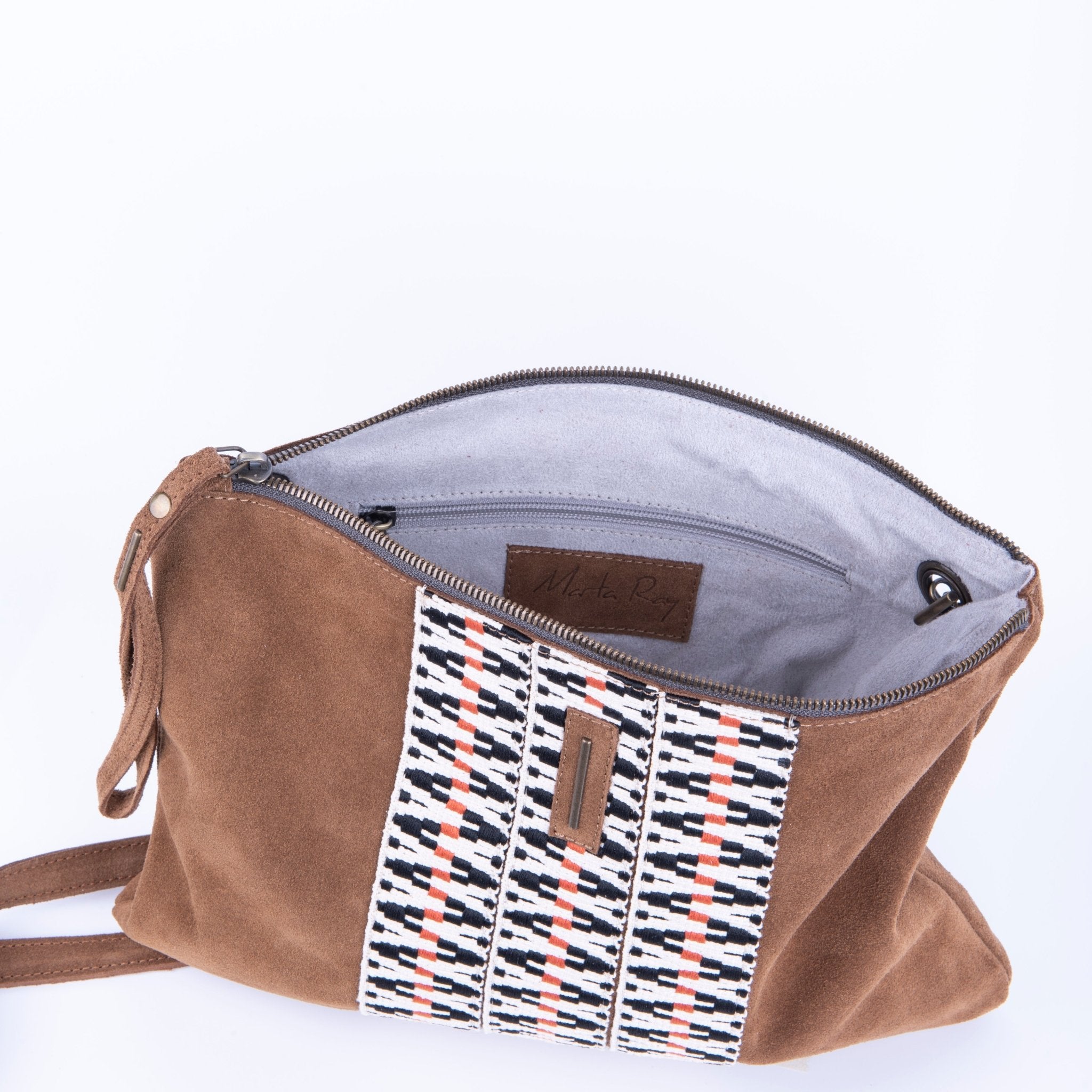 Ester camoscio+nastro boho cuoio - piattina a tracolla in pelle marrone - Marta Ray