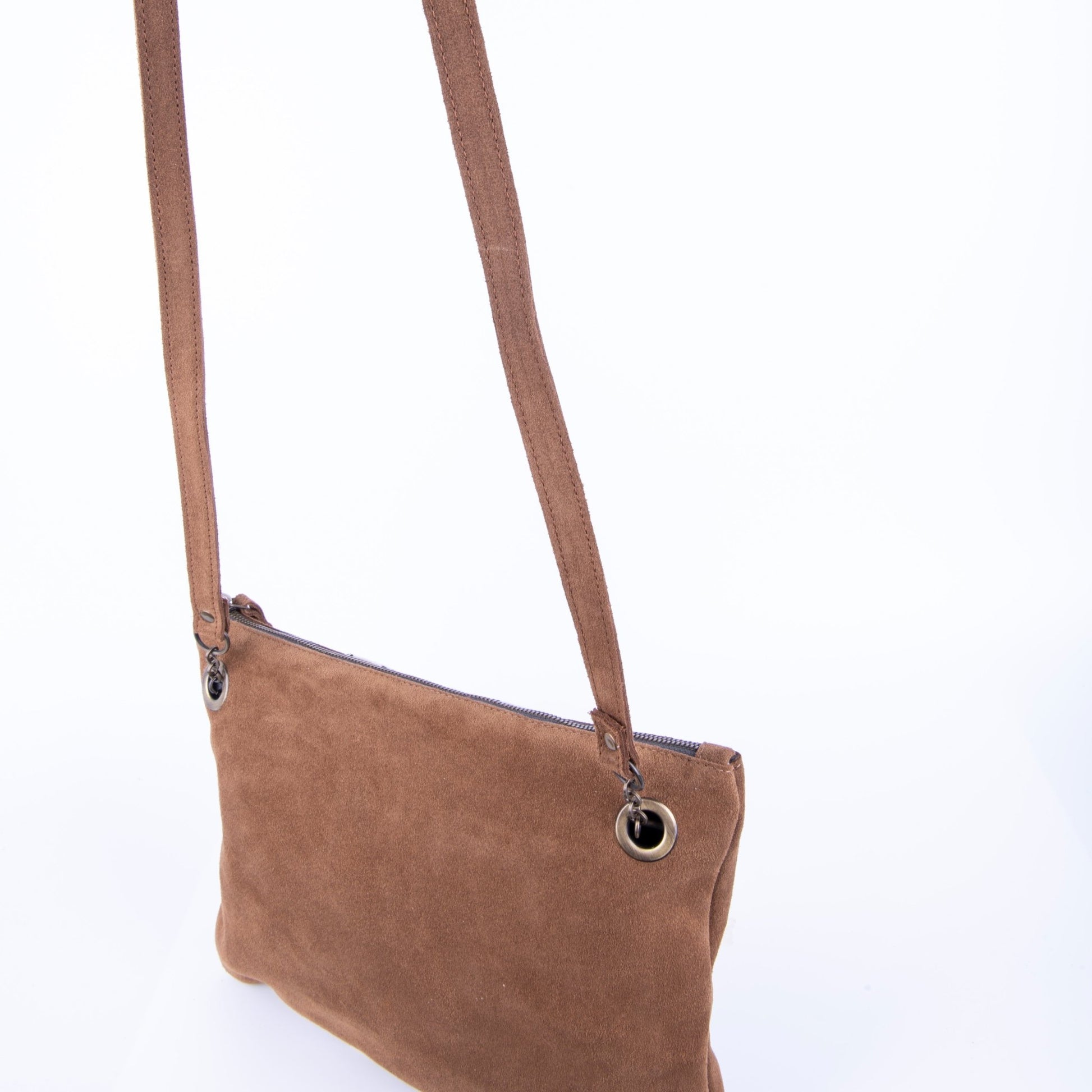 Ester camoscio+nastro boho cuoio - piattina a tracolla in pelle marrone - Marta Ray