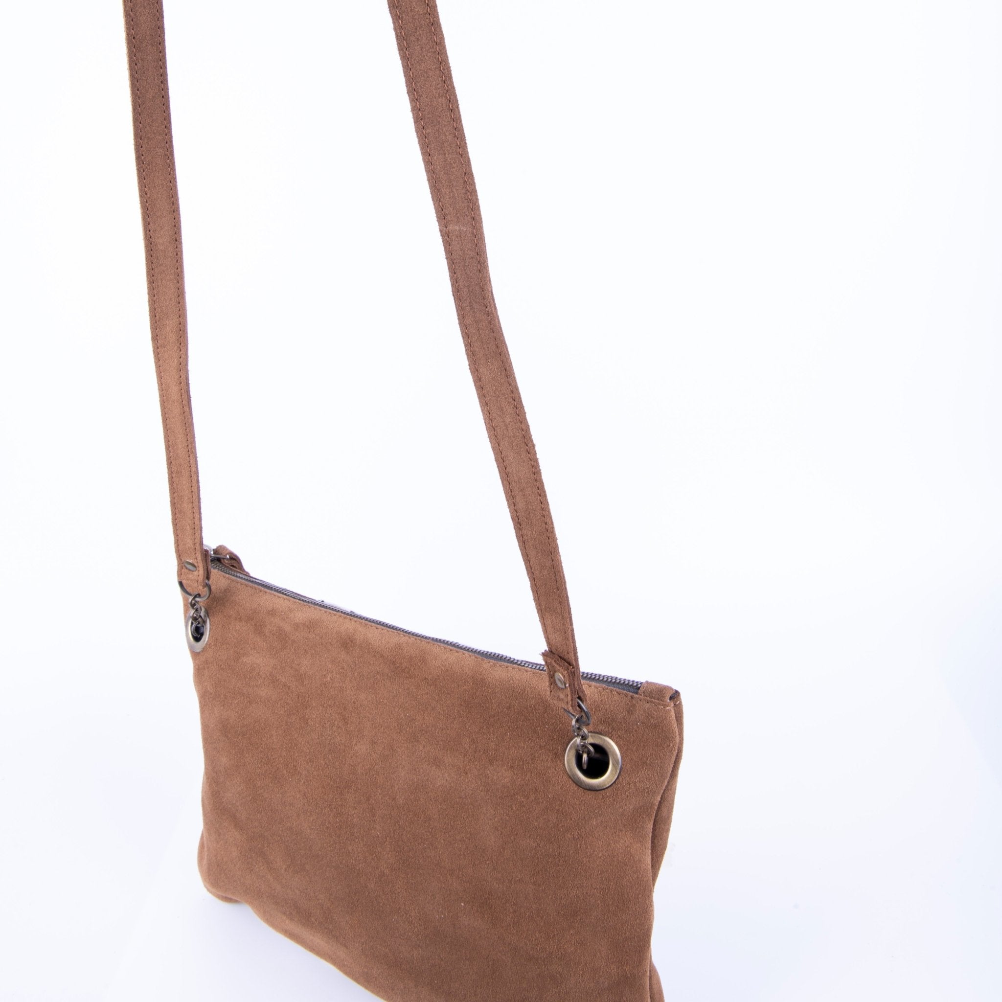 Ester camoscio+nastro boho cuoio - piattina a tracolla in pelle marrone - Marta Ray