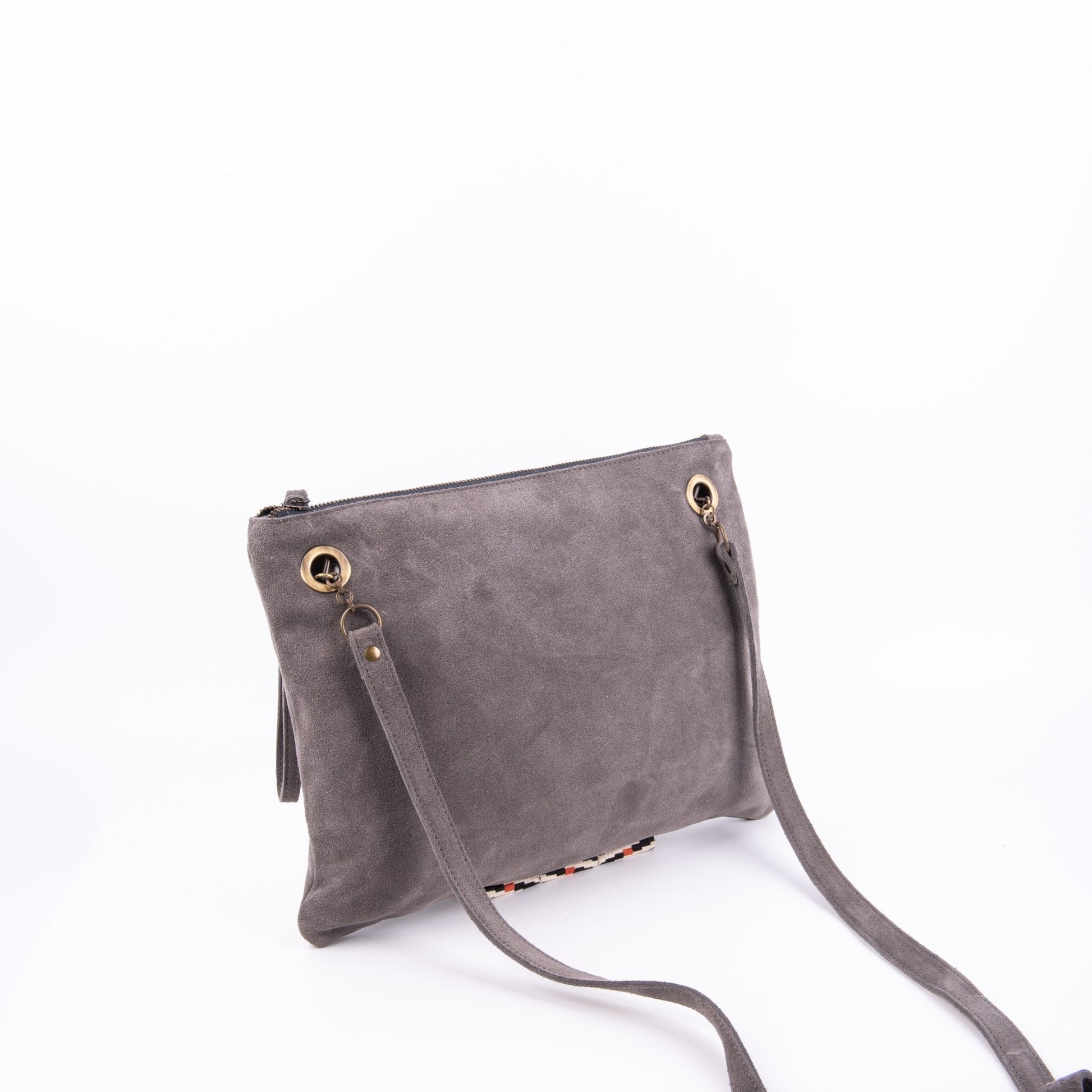 Ester camoscio+nastro boho dark grey - piattina a tracolla in pelle grigia - Marta Ray