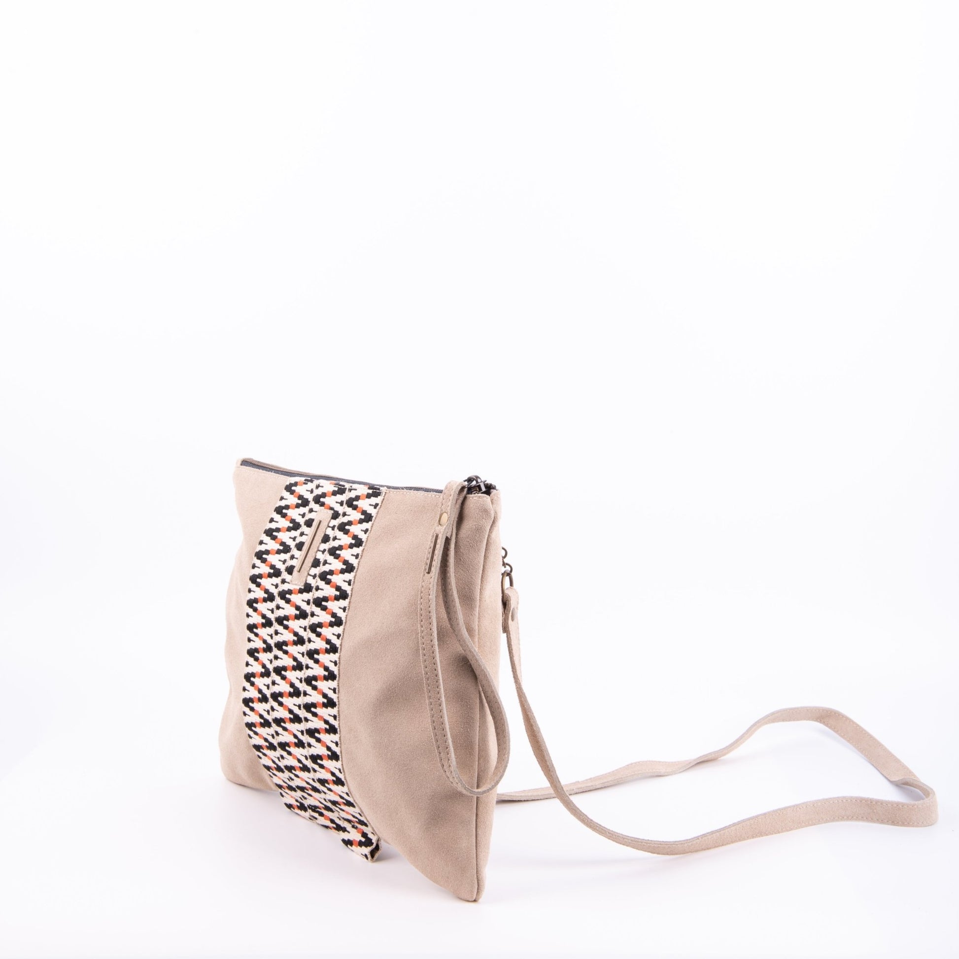 Ester camoscio+nastro boho naturale- piattina a tracolla in pelle beige - Marta Ray