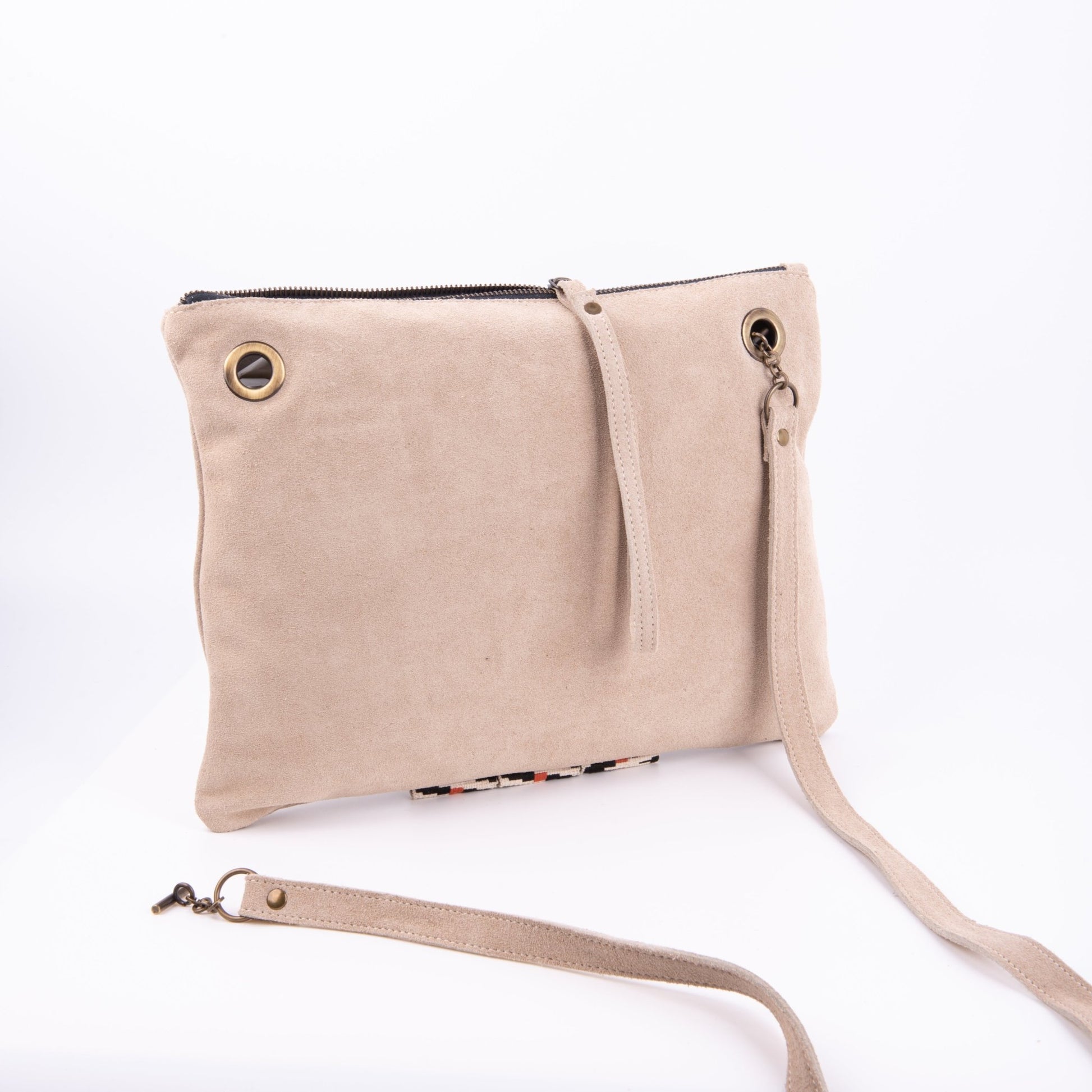 Ester camoscio+nastro boho naturale- piattina a tracolla in pelle beige - Marta Ray