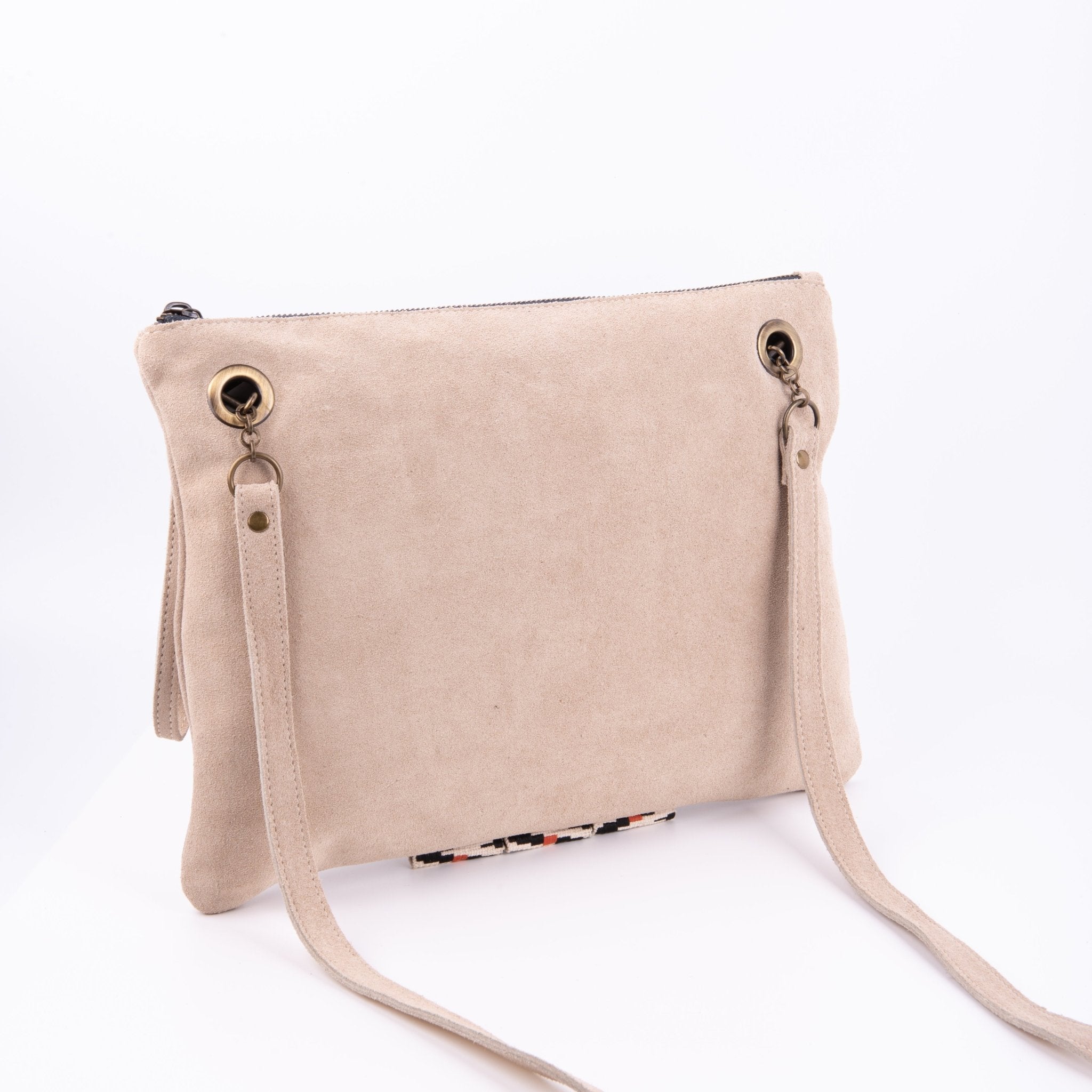 Ester camoscio+nastro boho naturale- piattina a tracolla in pelle beige - Marta Ray