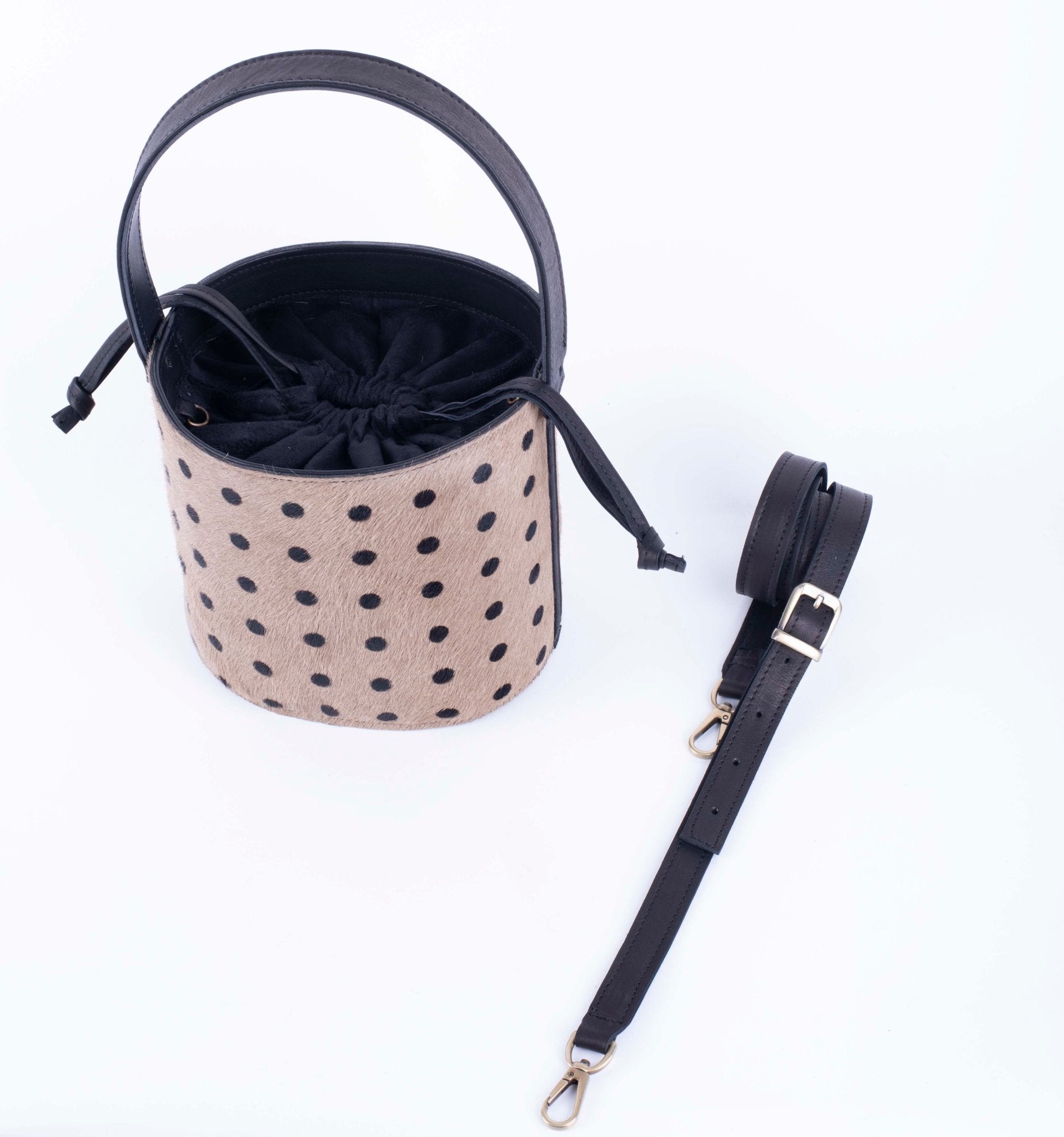 Fiona cavallino taupe a pois neri - secchiello a tracolla in pelle beige - Marta Ray