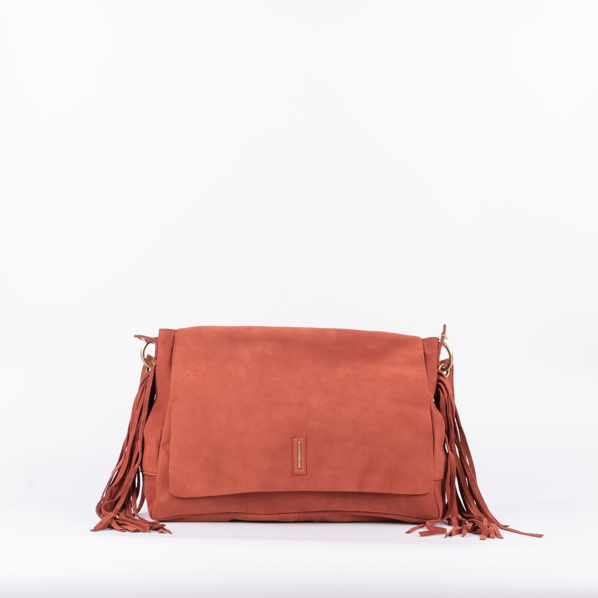 Floe long beach cuoio inglese - borsa frangie a spalla in pelle mattone - Marta Ray