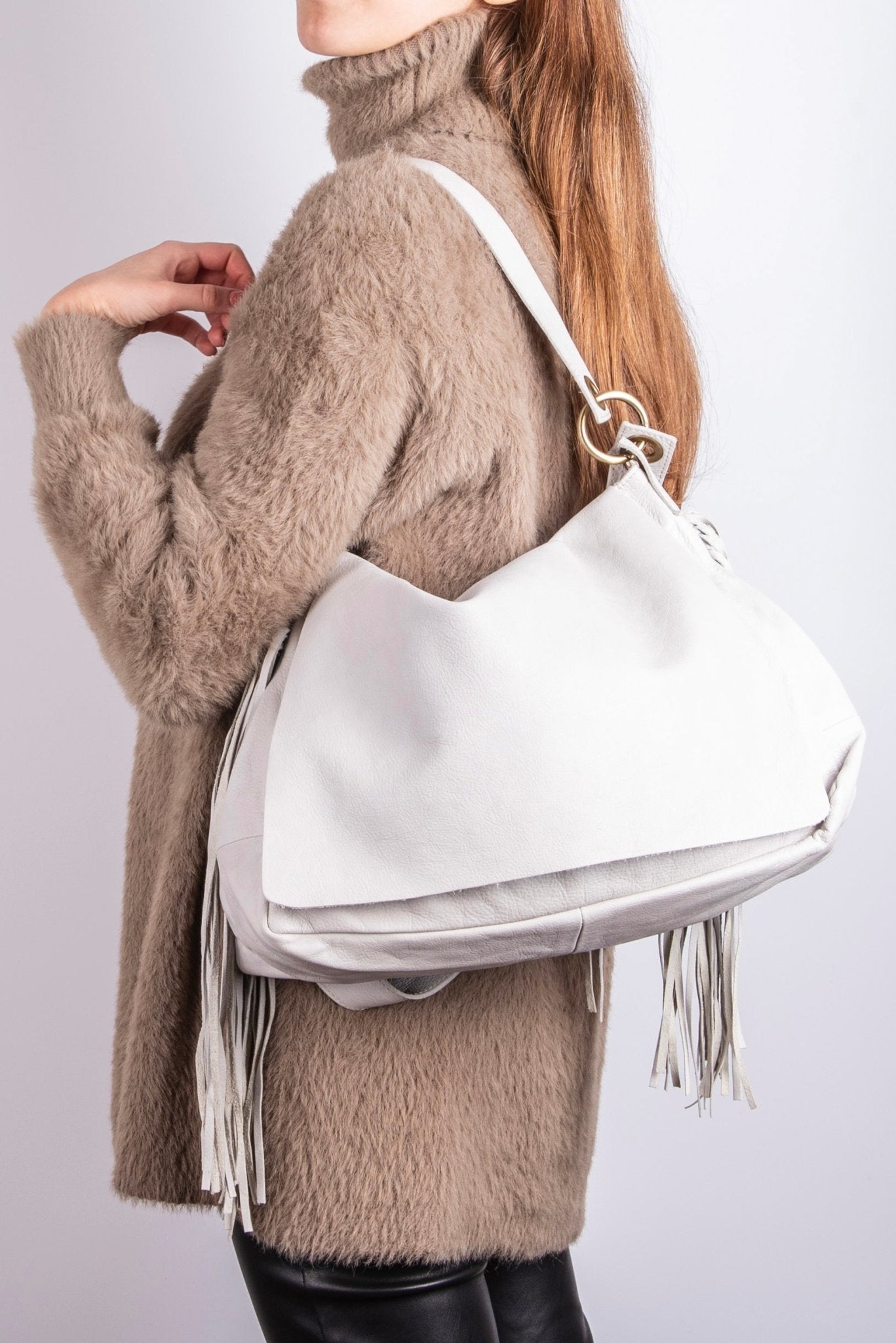 Floe long beach note d'oriente - borsa frangie a tracolla e spalla in pelle blu - Marta Ray