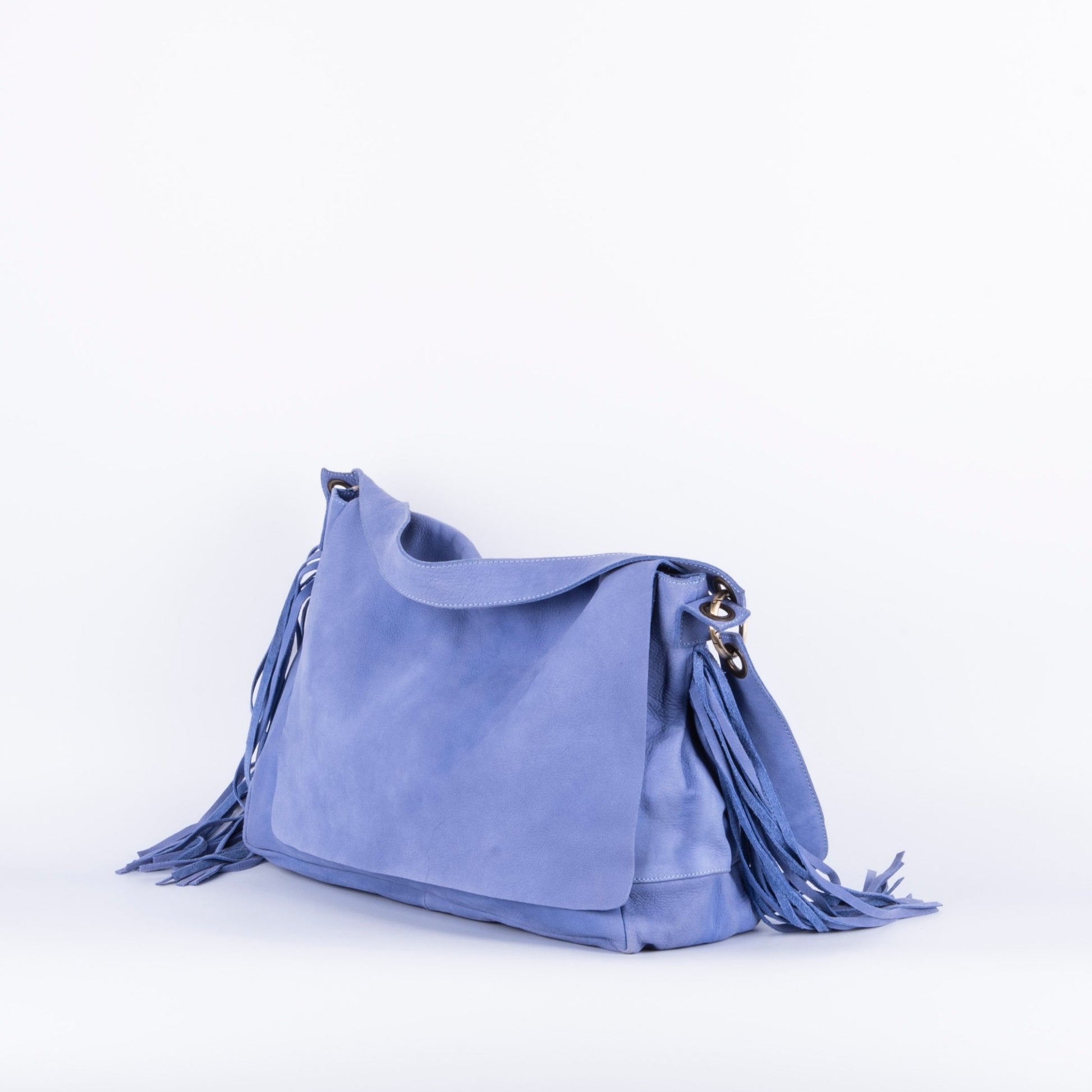 Floe long beach note d'oriente - borsa frangie a tracolla e spalla in pelle blu - Marta Ray