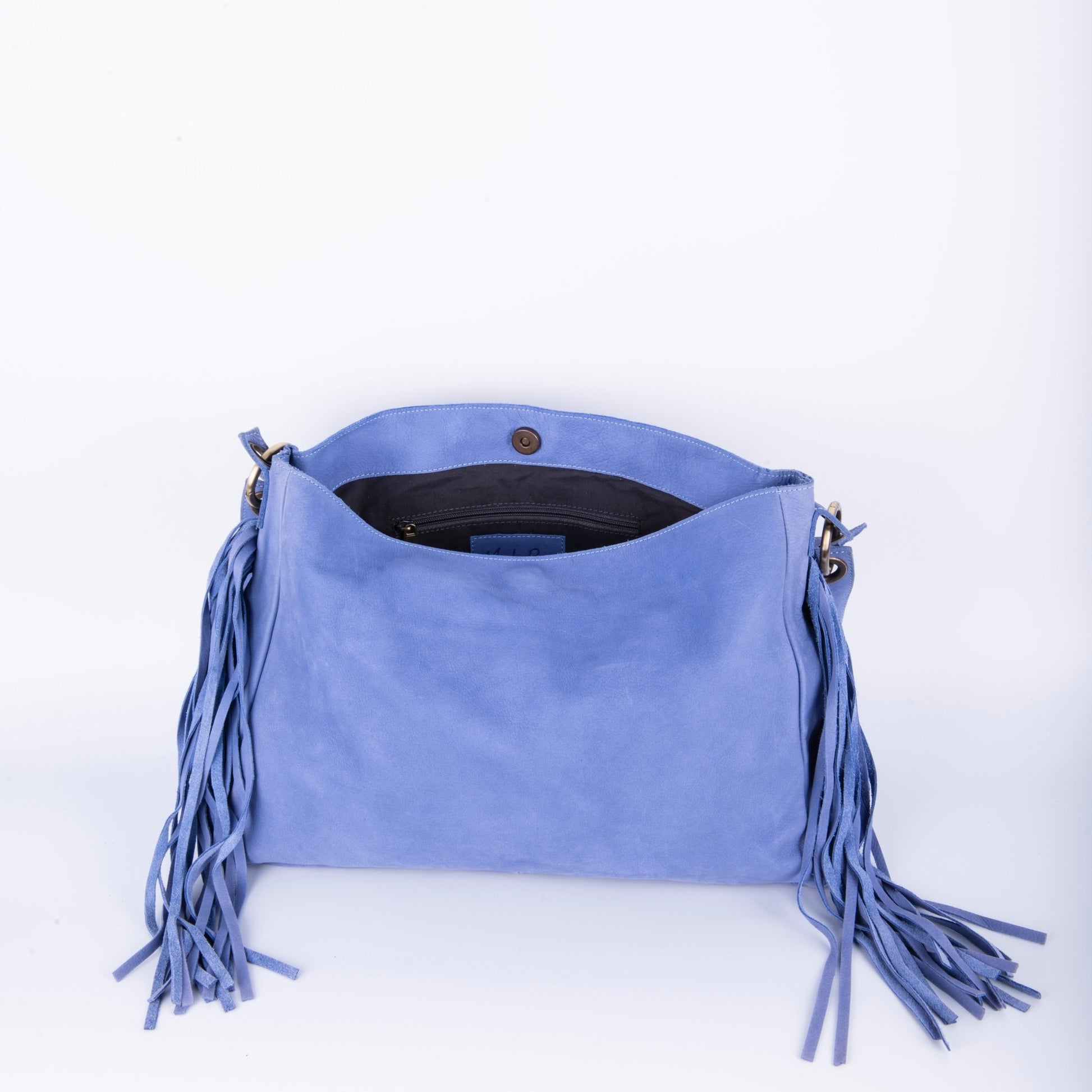 Floe long beach note d'oriente - borsa frangie a tracolla e spalla in pelle blu - Marta Ray