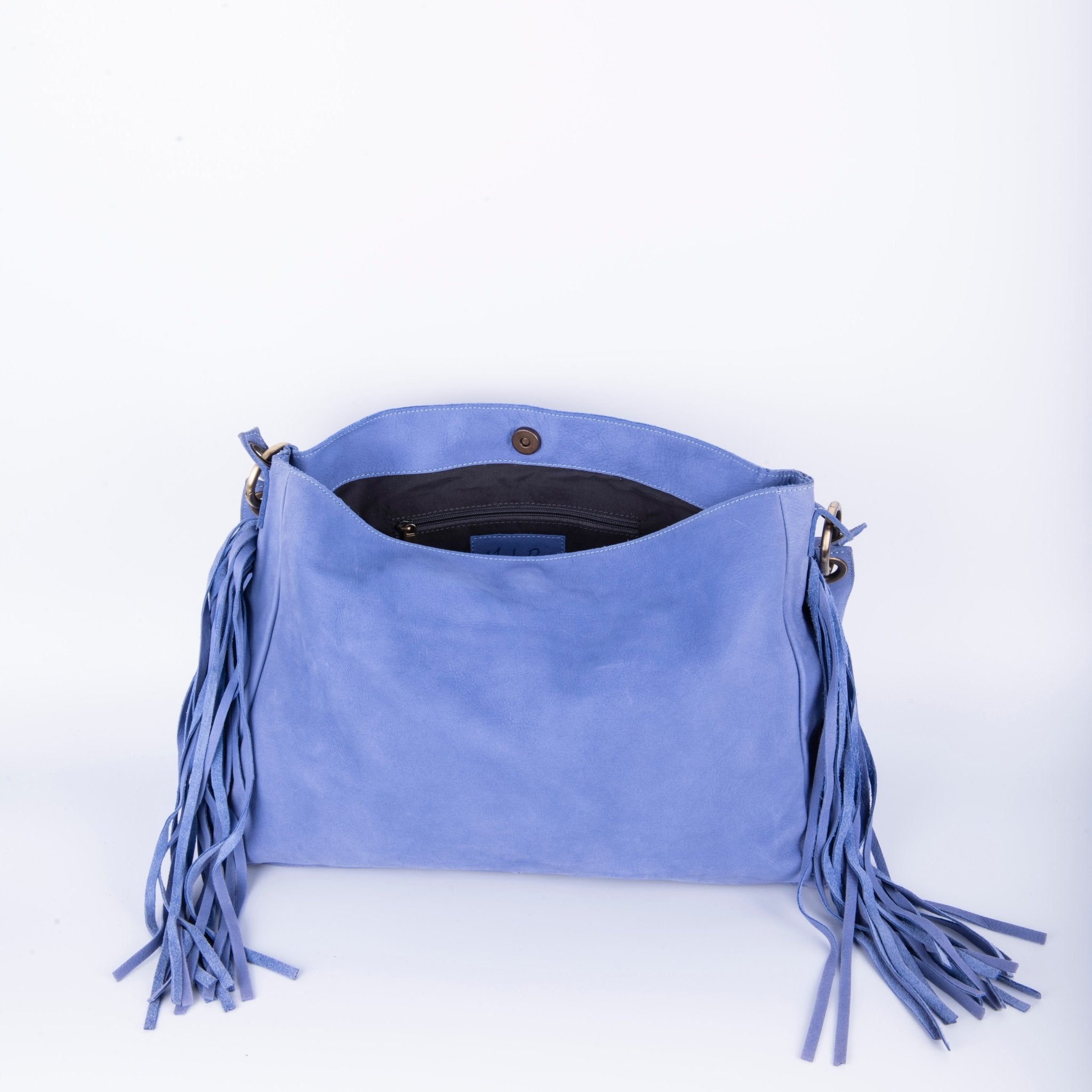 Floe long beach note d'oriente - borsa frangie a tracolla e spalla in pelle blu - Marta Ray