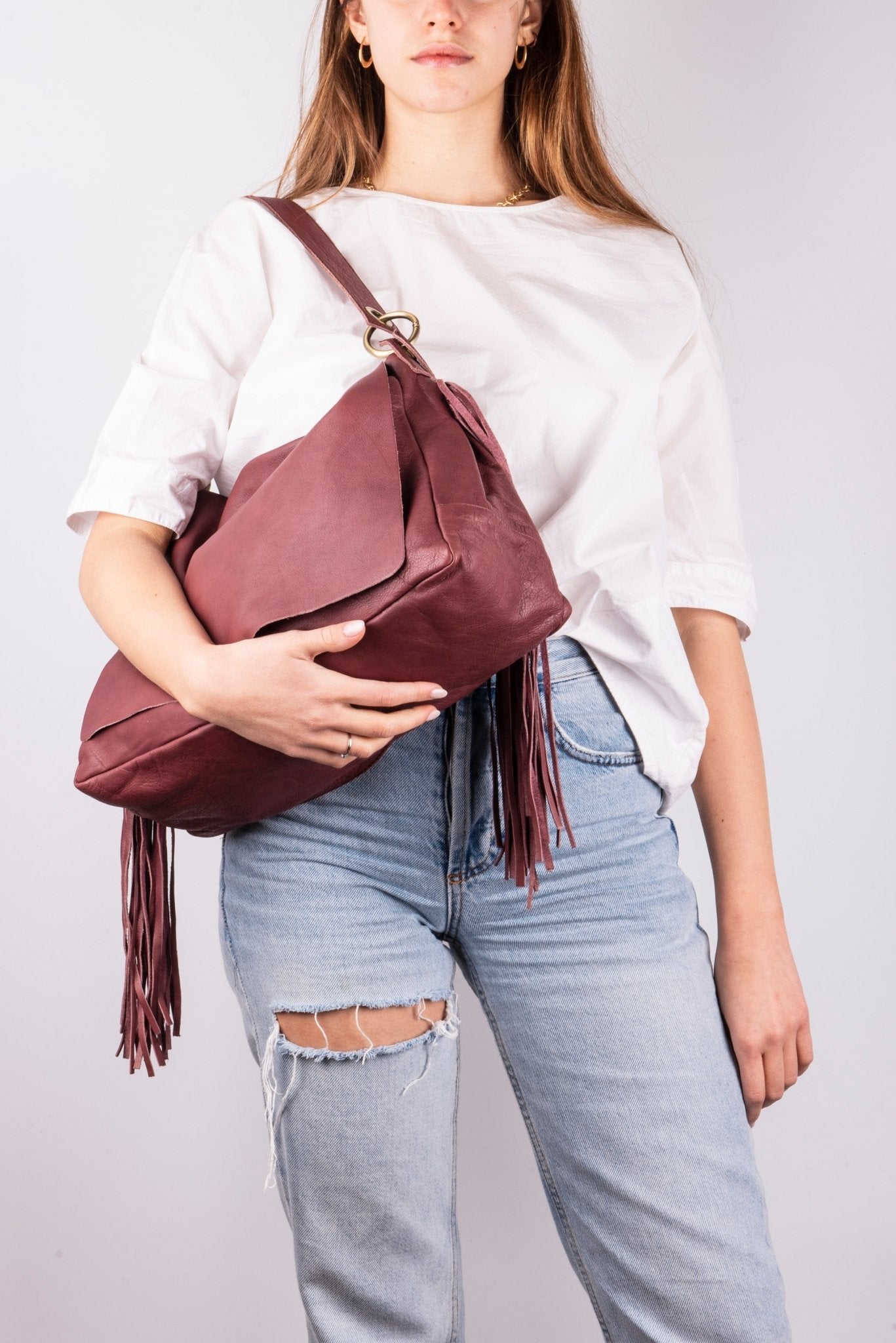 Floe mousse amaranto - borsa frangie a spalla in pelle bordo - Marta Ray