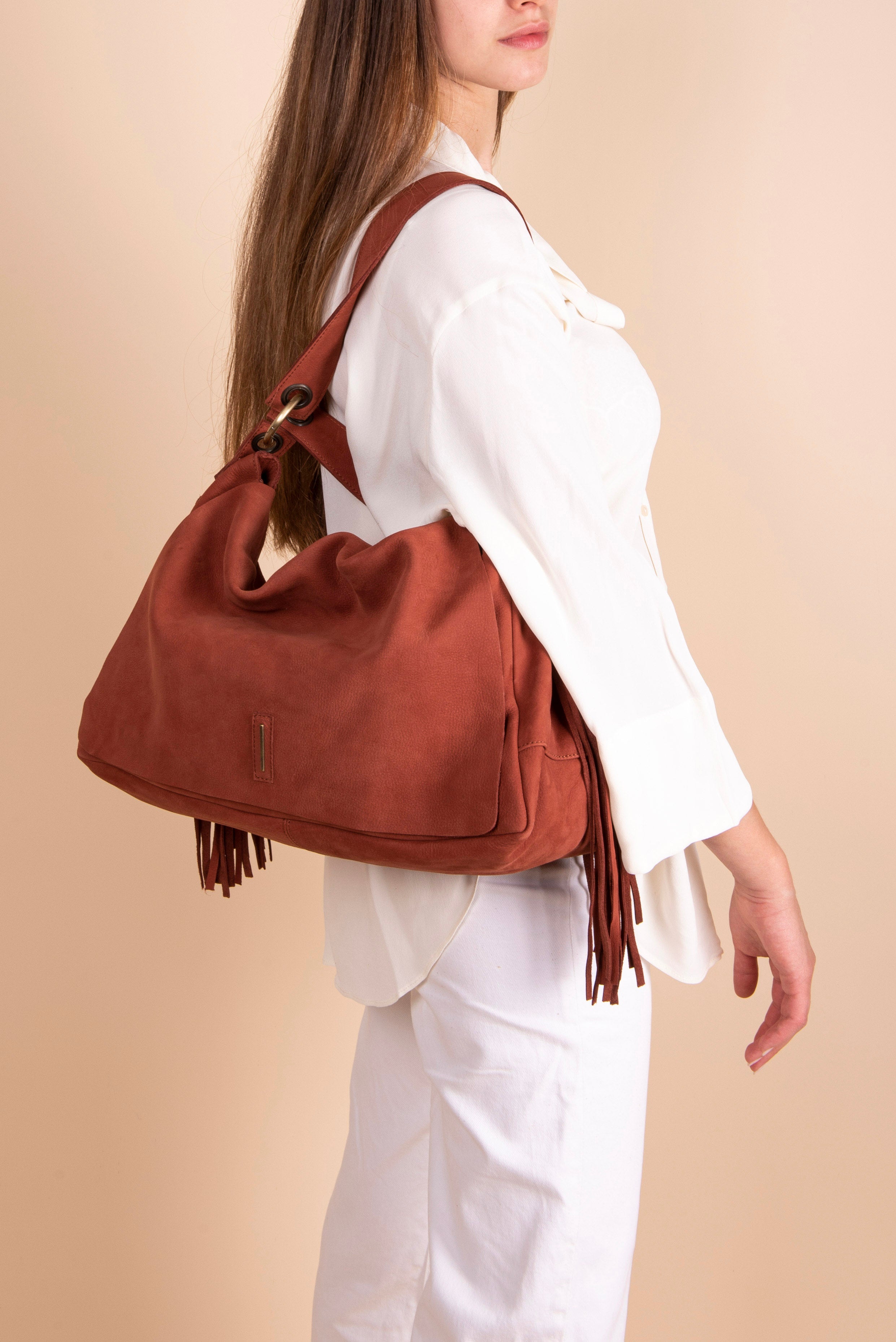 Floe long beach English leather - fringed shoulder bag in brick leather