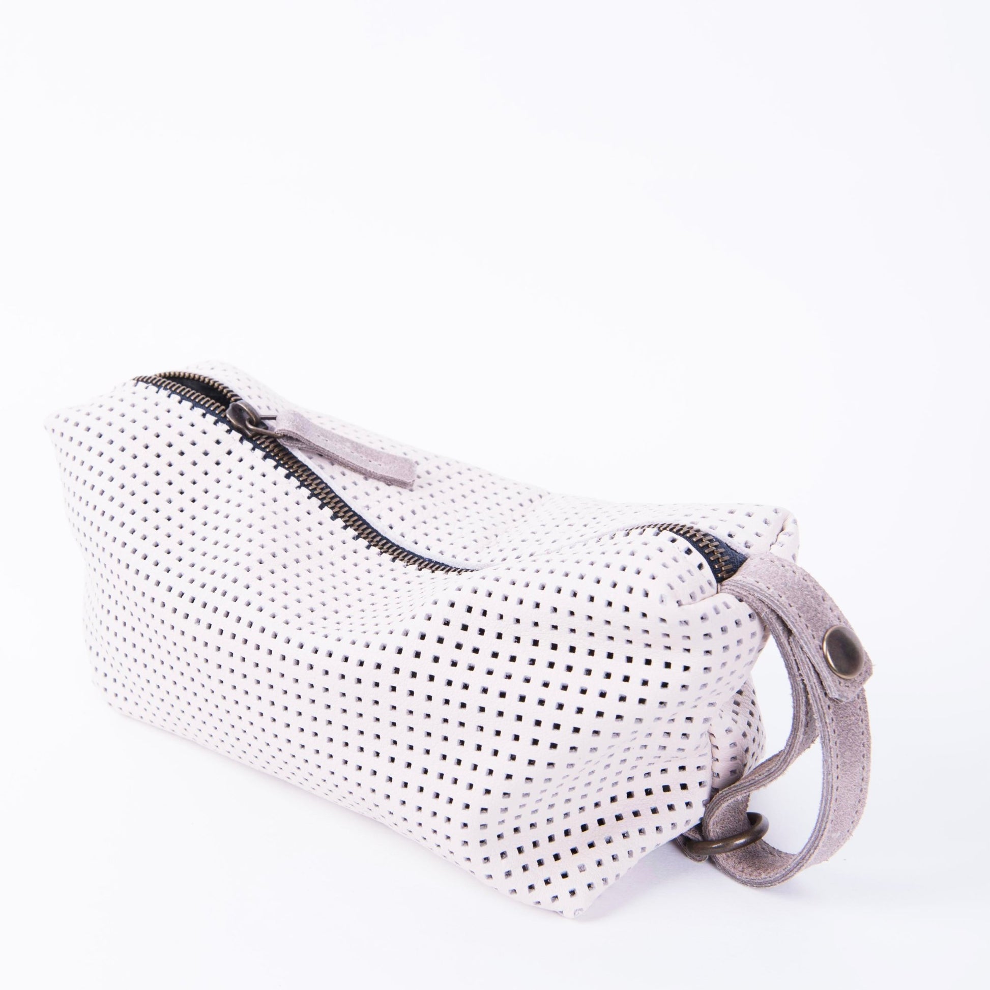 Meme M mousse latte macchiato + orlando taupe - borsa make-up in pelle traforata a quadratini bianca - Marta Ray