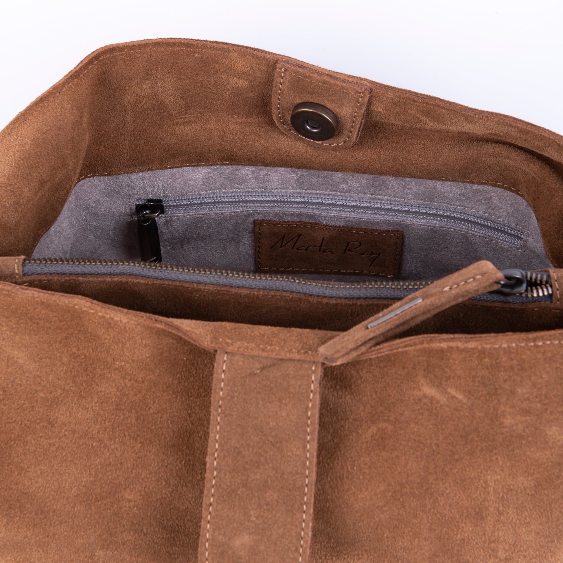 Minsk camoscio+nastro boho cuoio - borsa a spalla e tracolla morbida in pelle marrone - Marta Ray