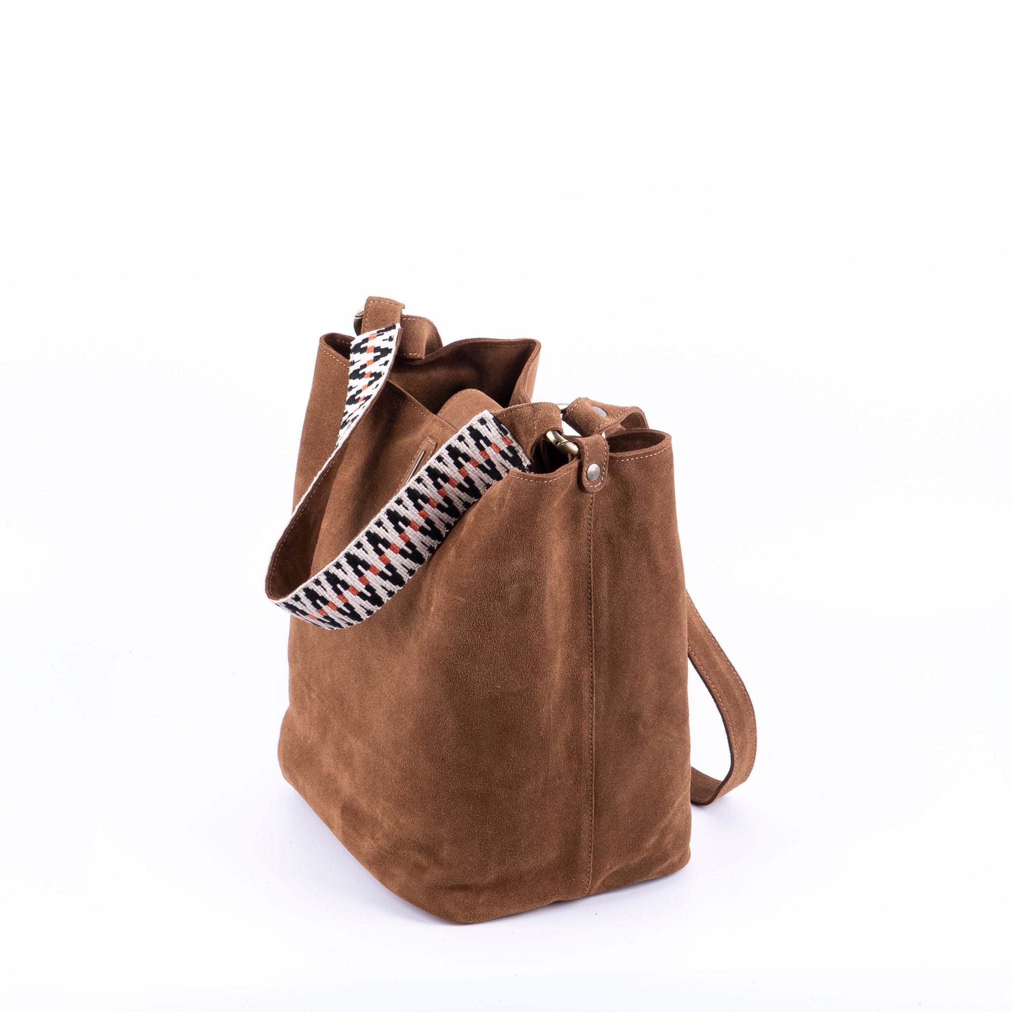 Minsk camoscio+nastro boho cuoio - borsa a spalla e tracolla morbida in pelle marrone - Marta Ray