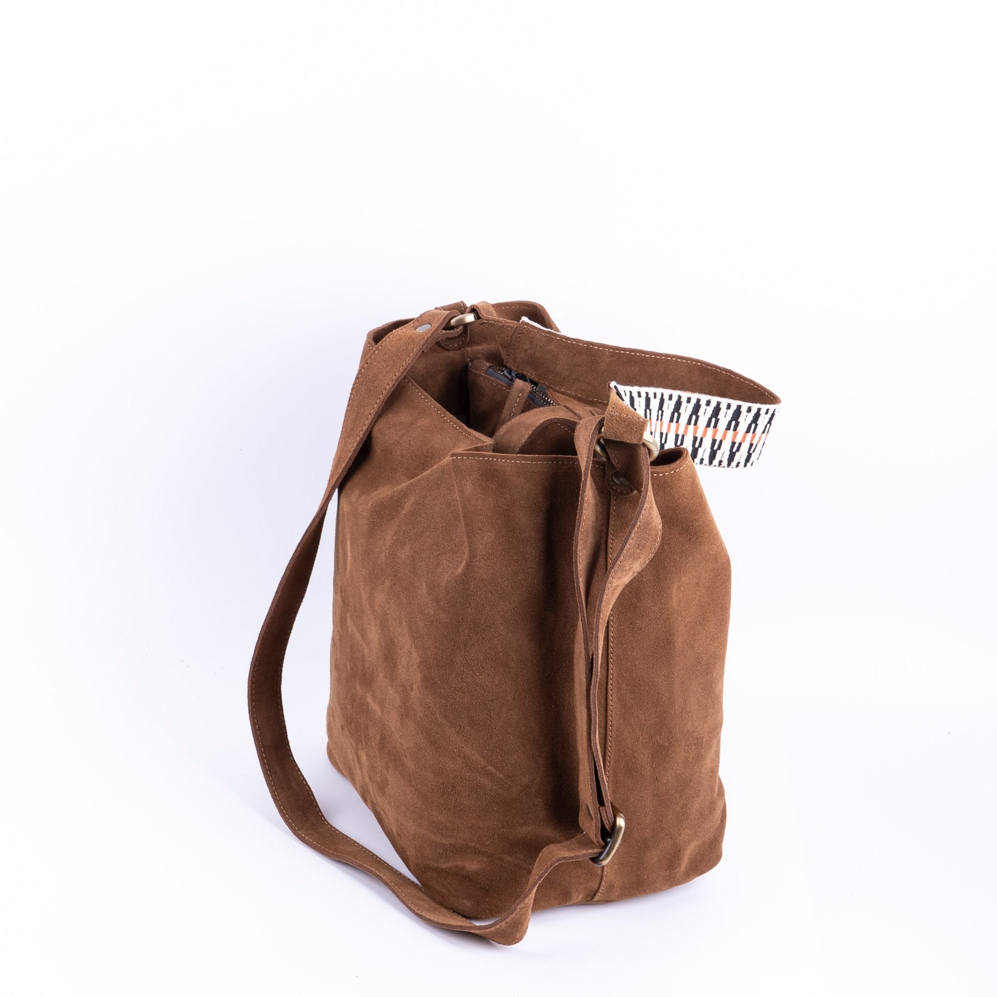 Minsk camoscio+nastro boho cuoio - borsa a spalla e tracolla morbida in pelle marrone - Marta Ray