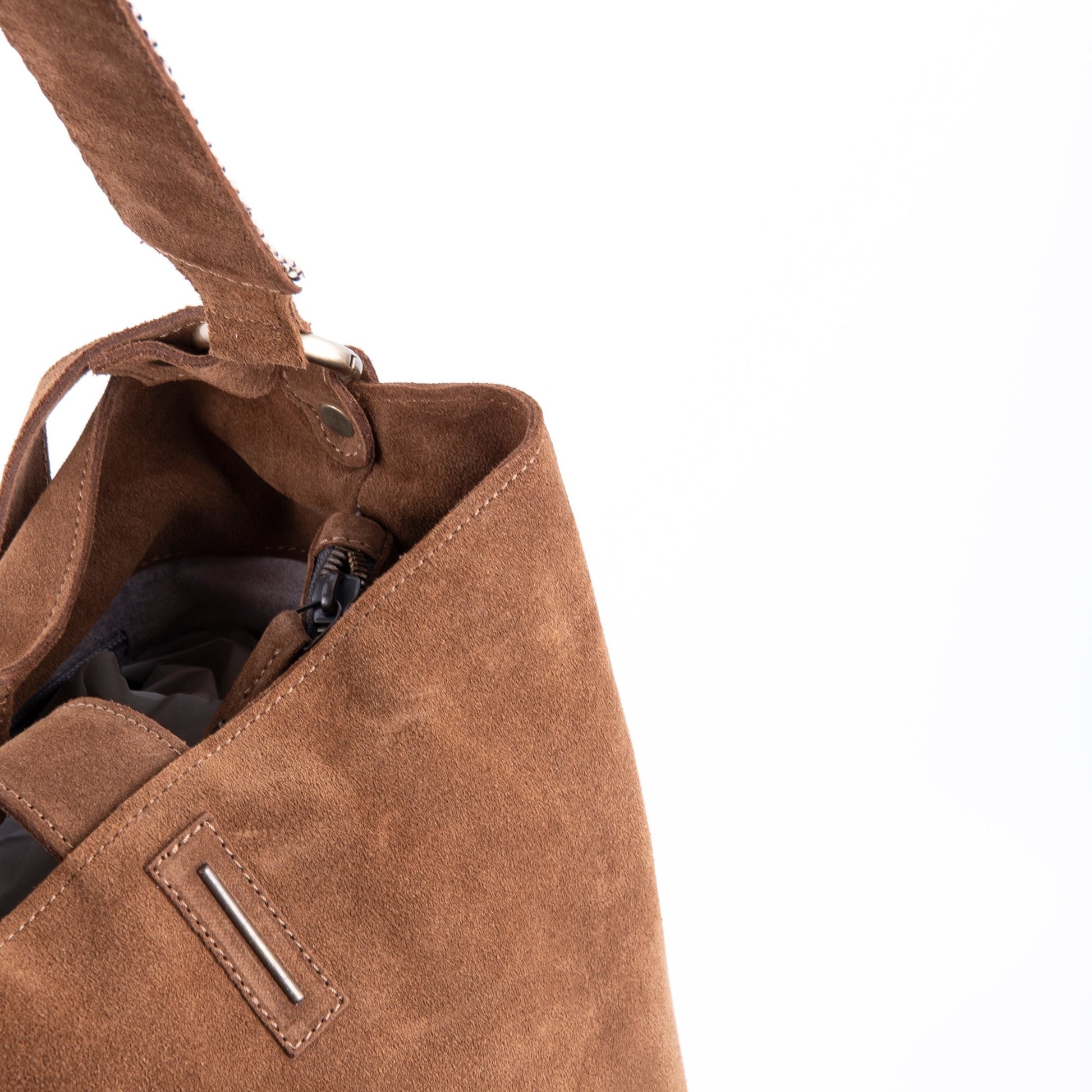 Minsk camoscio+nastro boho cuoio - borsa a spalla e tracolla morbida in pelle marrone - Marta Ray