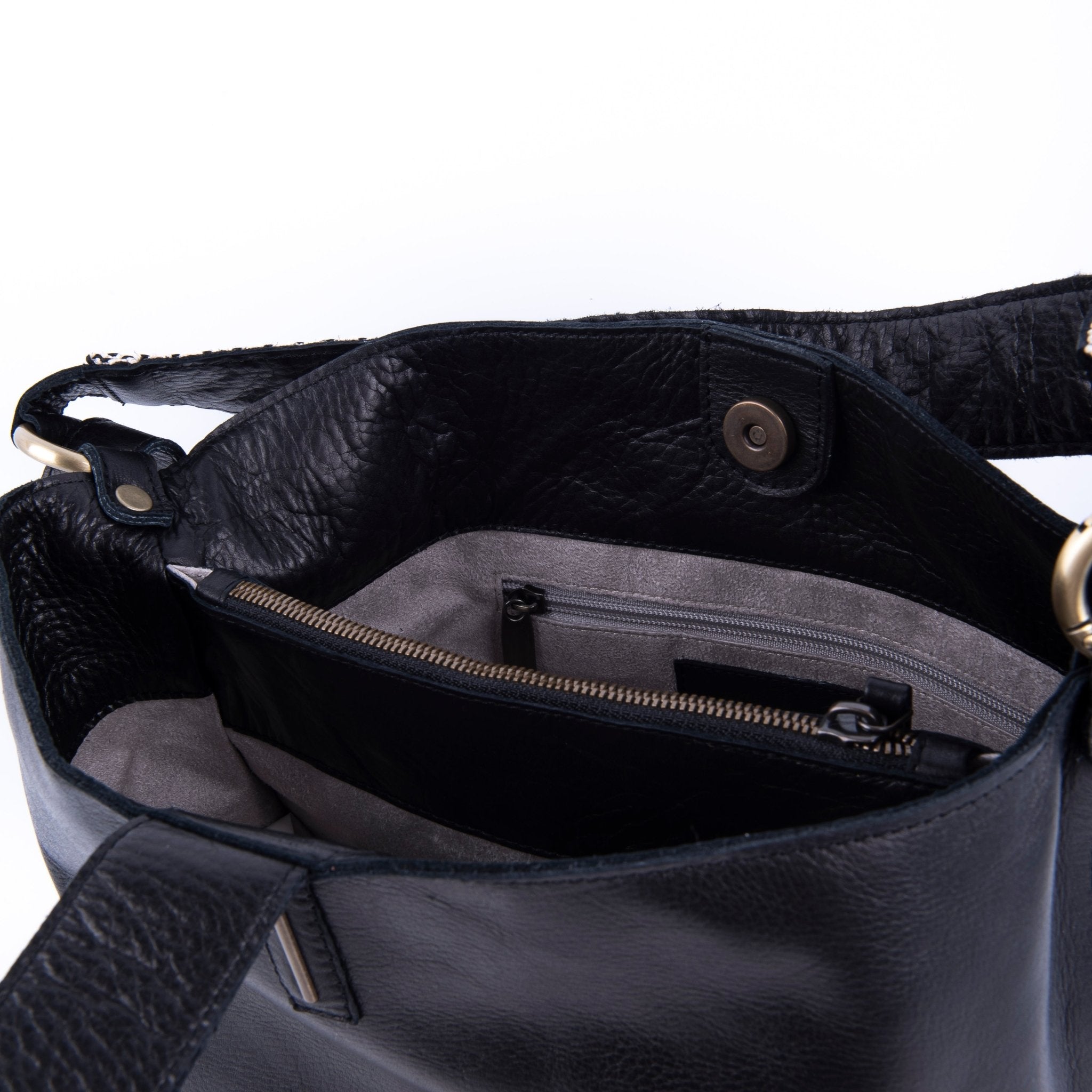 Minsk mousse nera+nastro boho nero - borsa a spalla e tracolla in pelle morbida nera - Marta Ray