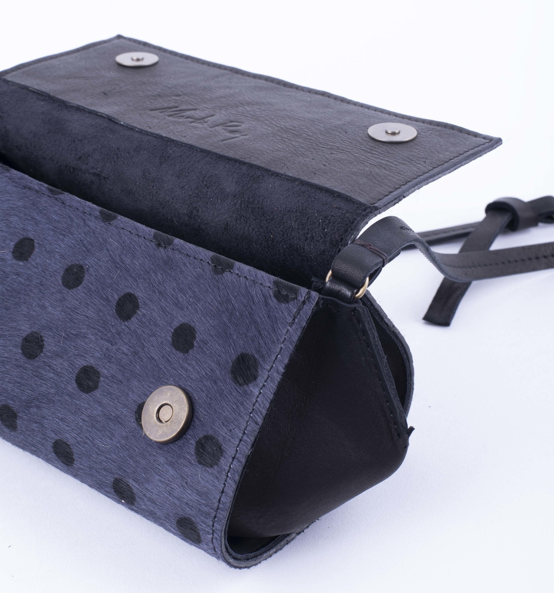 Minu cavallino fumo stampa pois neri - borsa piccola a tracolla grigio con pois neri - Marta Ray