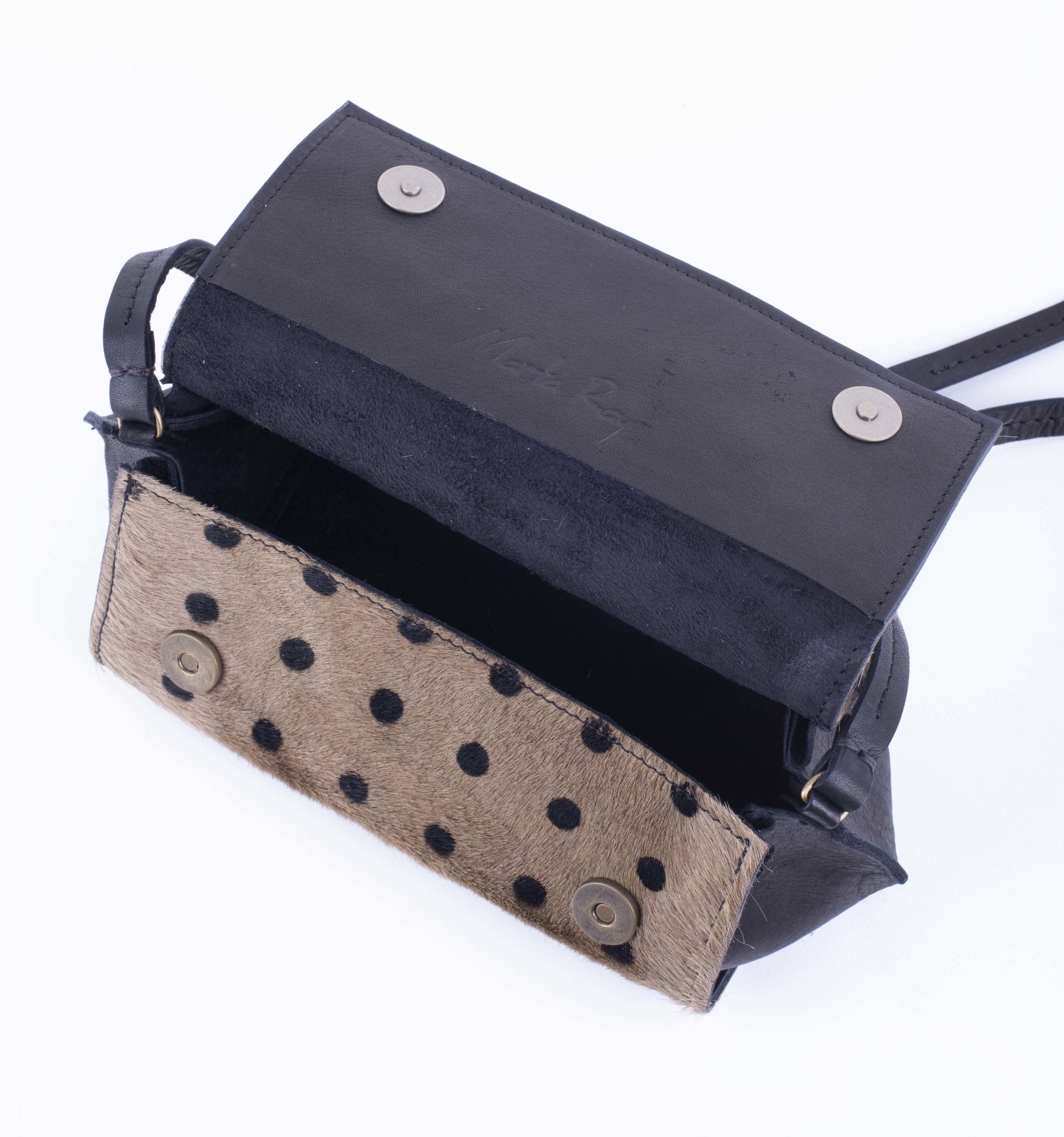 Minu cavallino taupe stampa pois neri - borsa piccola a tracolla beige a pois neri - Marta Ray