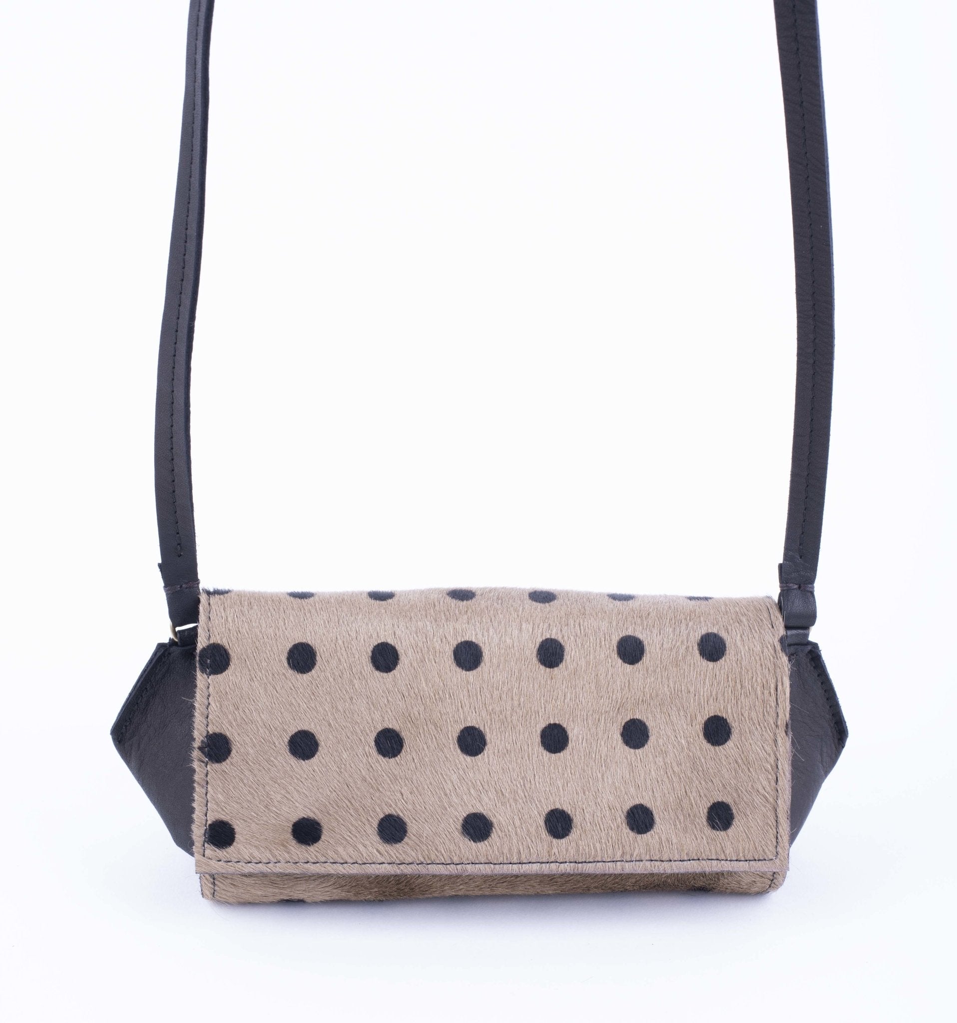 Minu cavallino taupe stampa pois neri - borsa piccola a tracolla beige a pois neri - Marta Ray