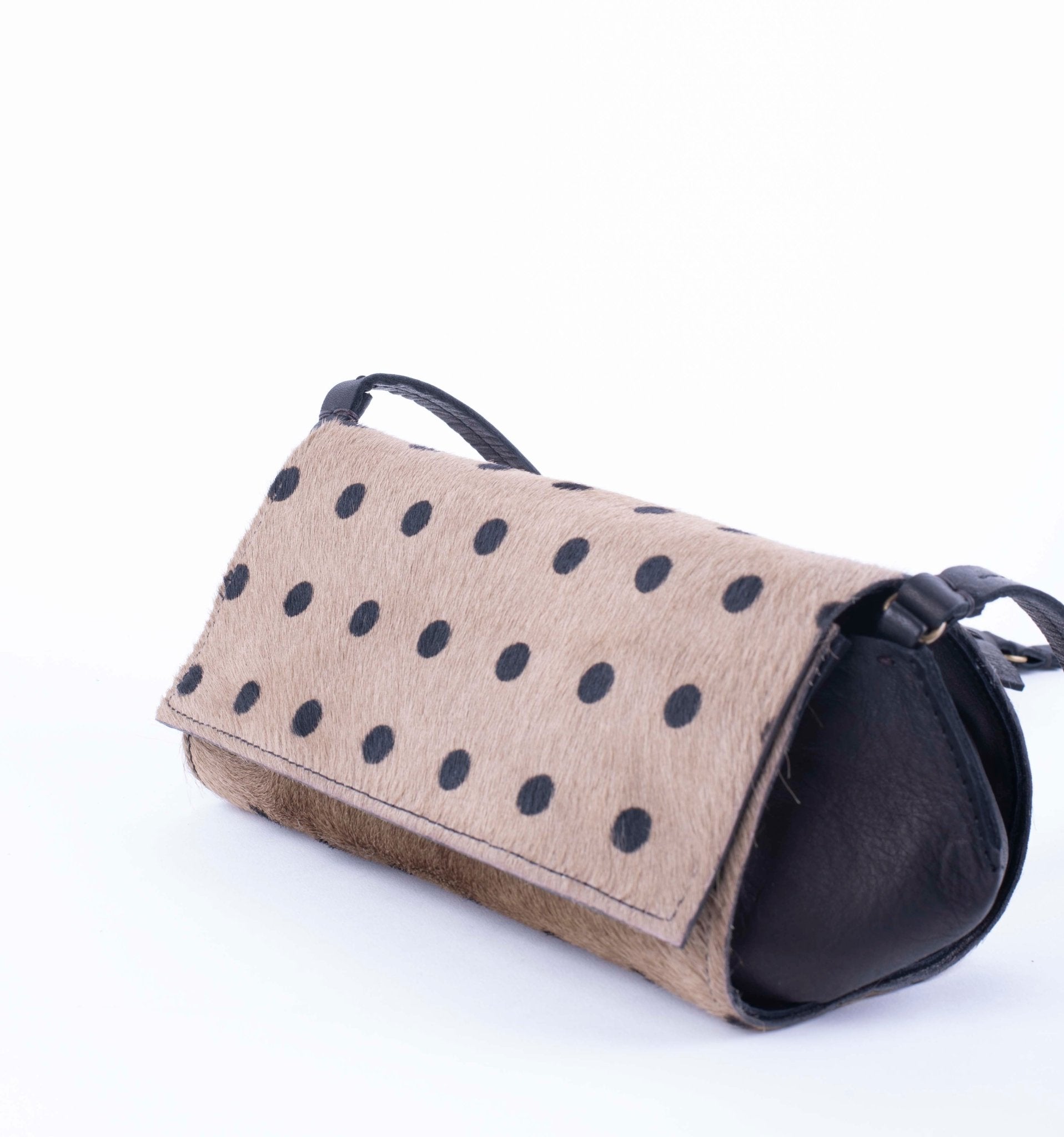 Minu cavallino taupe stampa pois neri - borsa piccola a tracolla beige a pois neri - Marta Ray