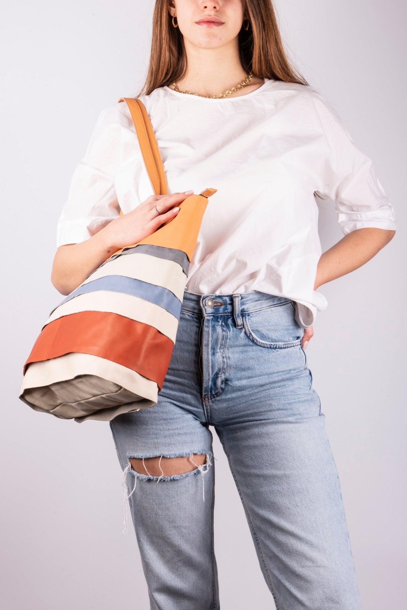 Pepita pantone mix 3 - borsa shopping in pelle bianca arancione - Marta Ray