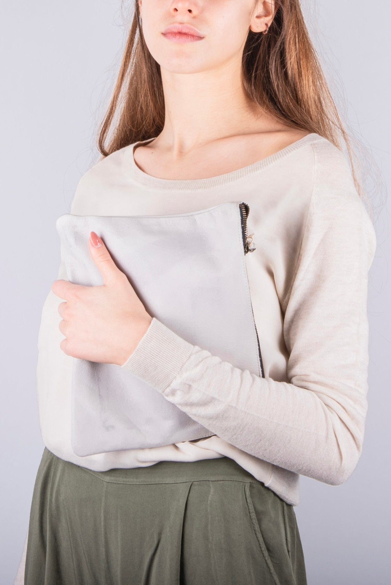 Pia Large mousse greige - borsellino in pelle bianco - Marta Ray