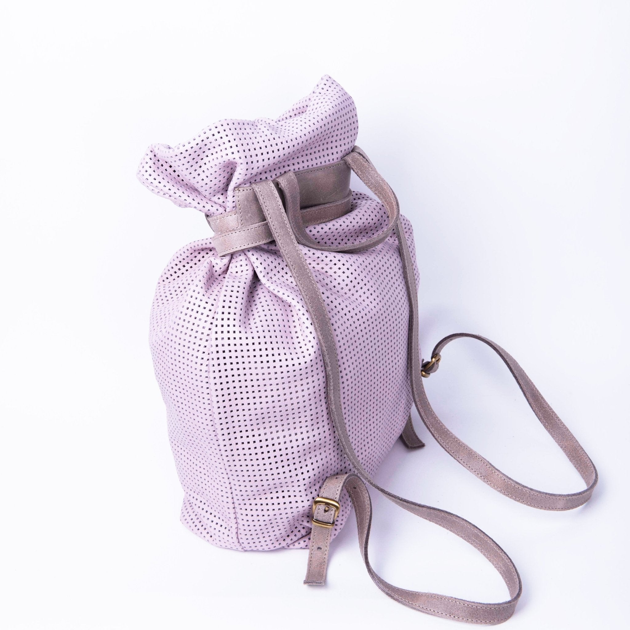 TIffany mousse quadri orchidea+ cuoio taupe - zaino in pelle viola - Marta Ray