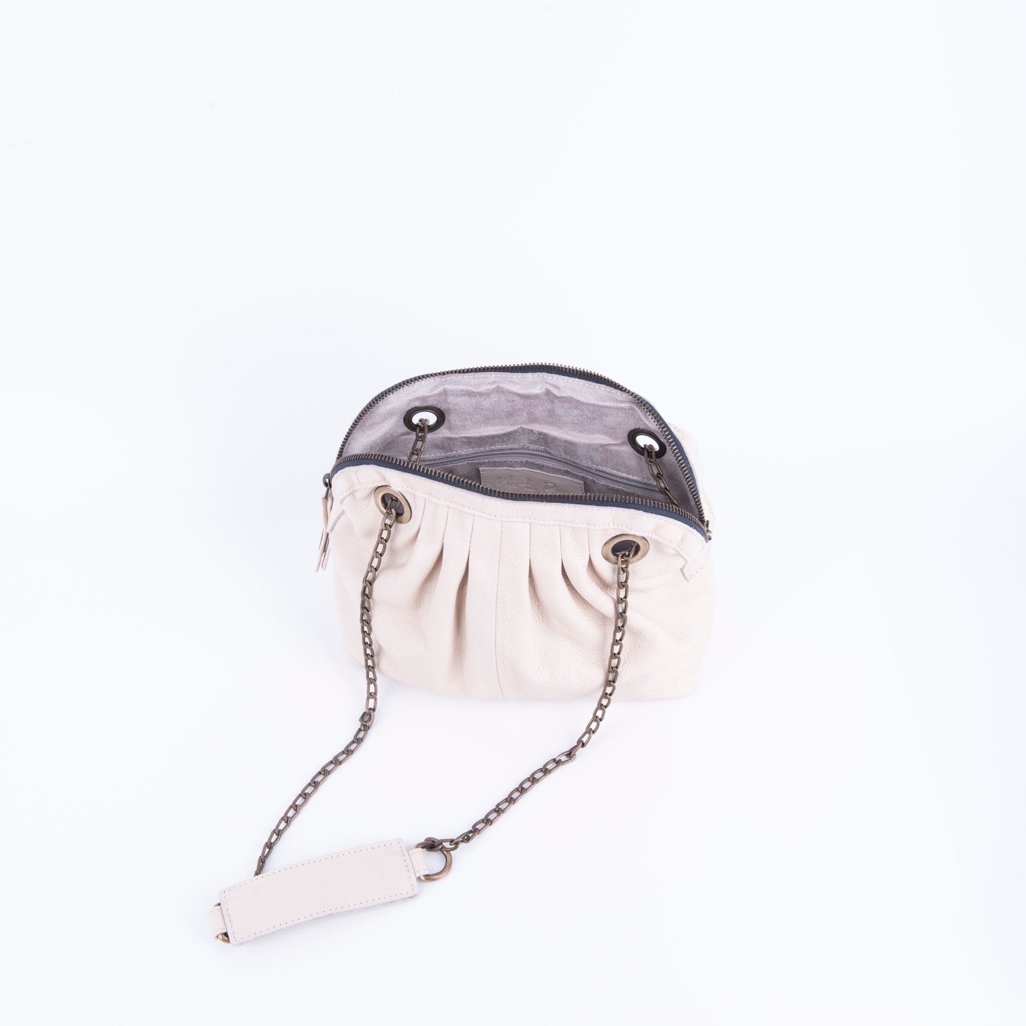 Vicky mousse latte macchiato - borsa piccola a tracolla in pelle bianca con zip - Marta Ray