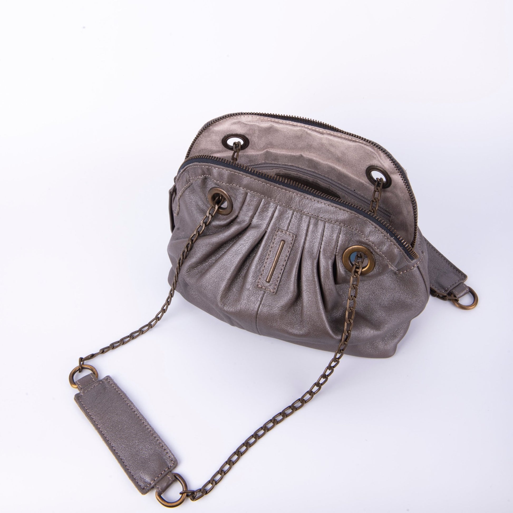 vicky mousse perlato smog silver - borsa piccola a tracolla in pelle argentata con zip - Marta Ray