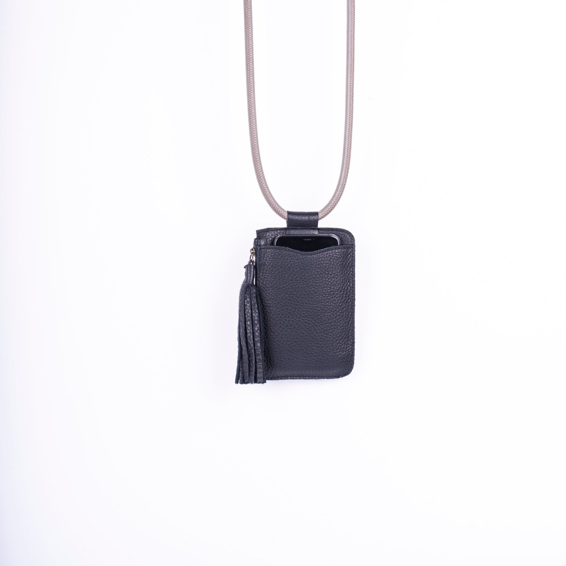 Yara bull nero + grigio perla - portacellulare in pelle nera e tracolla grigio perla - Marta Ray