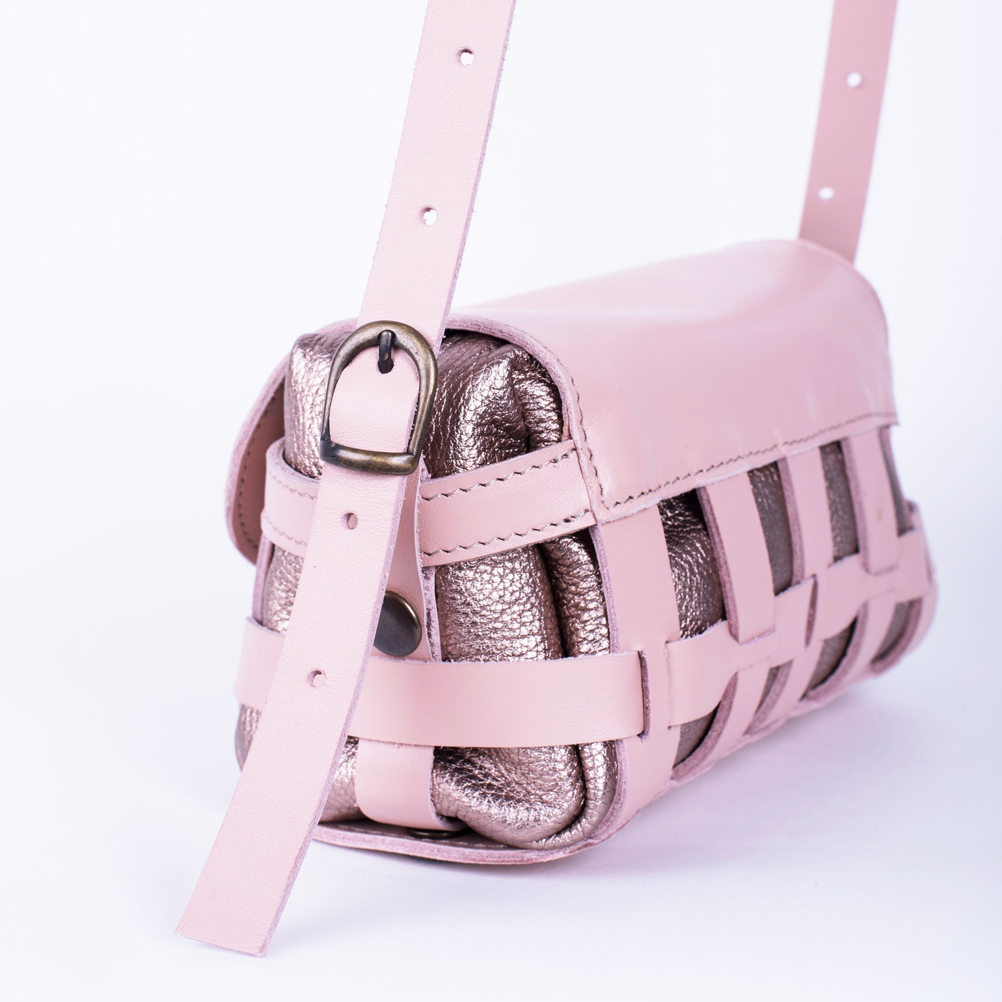 Yuma trill nude+ laminato cannella - borsa a tracolla in pelle rosa e oro rosa intercambiabile - Marta Ray
