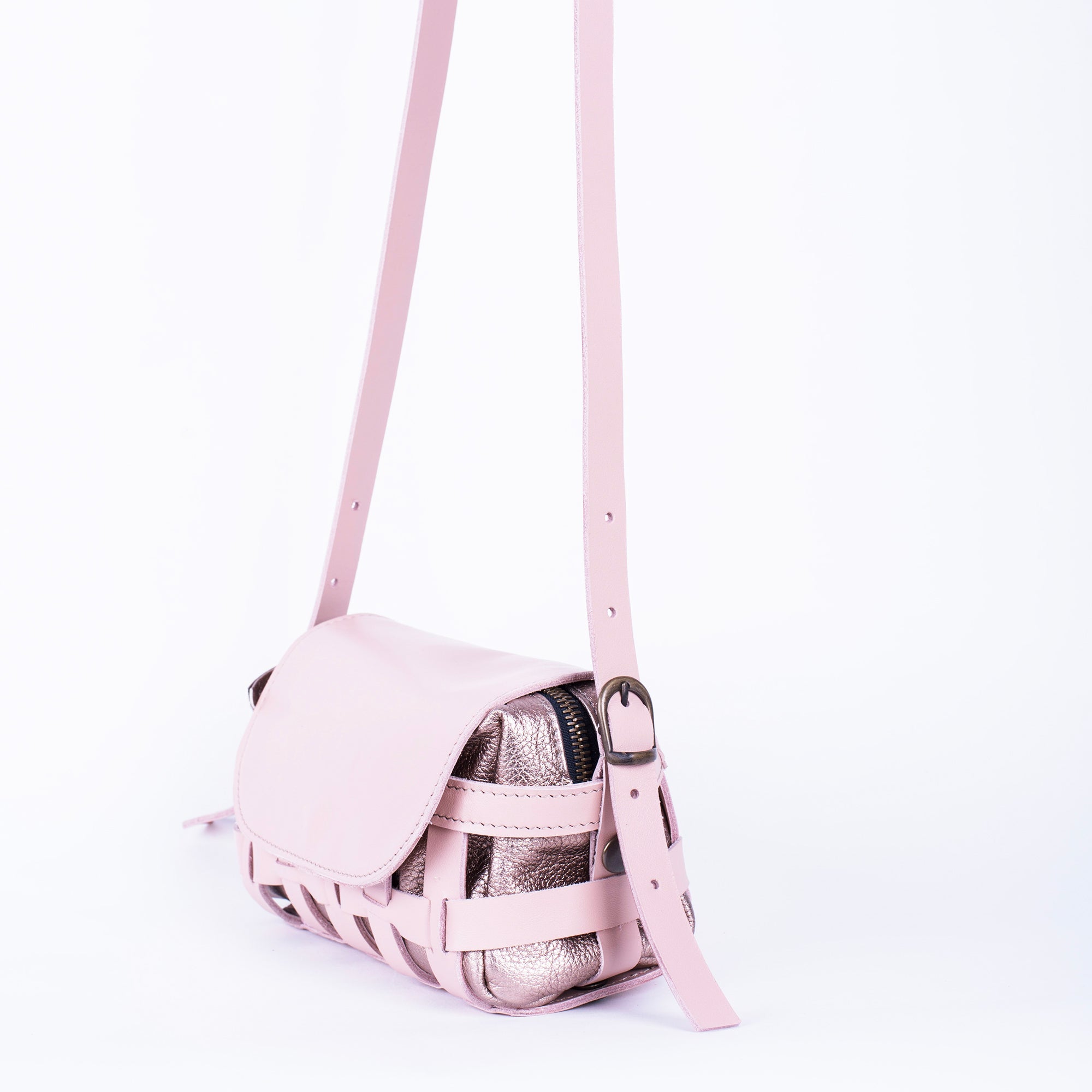 Yuma trill nude+ laminato cannella - borsa a tracolla in pelle rosa e oro rosa intercambiabile - Marta Ray